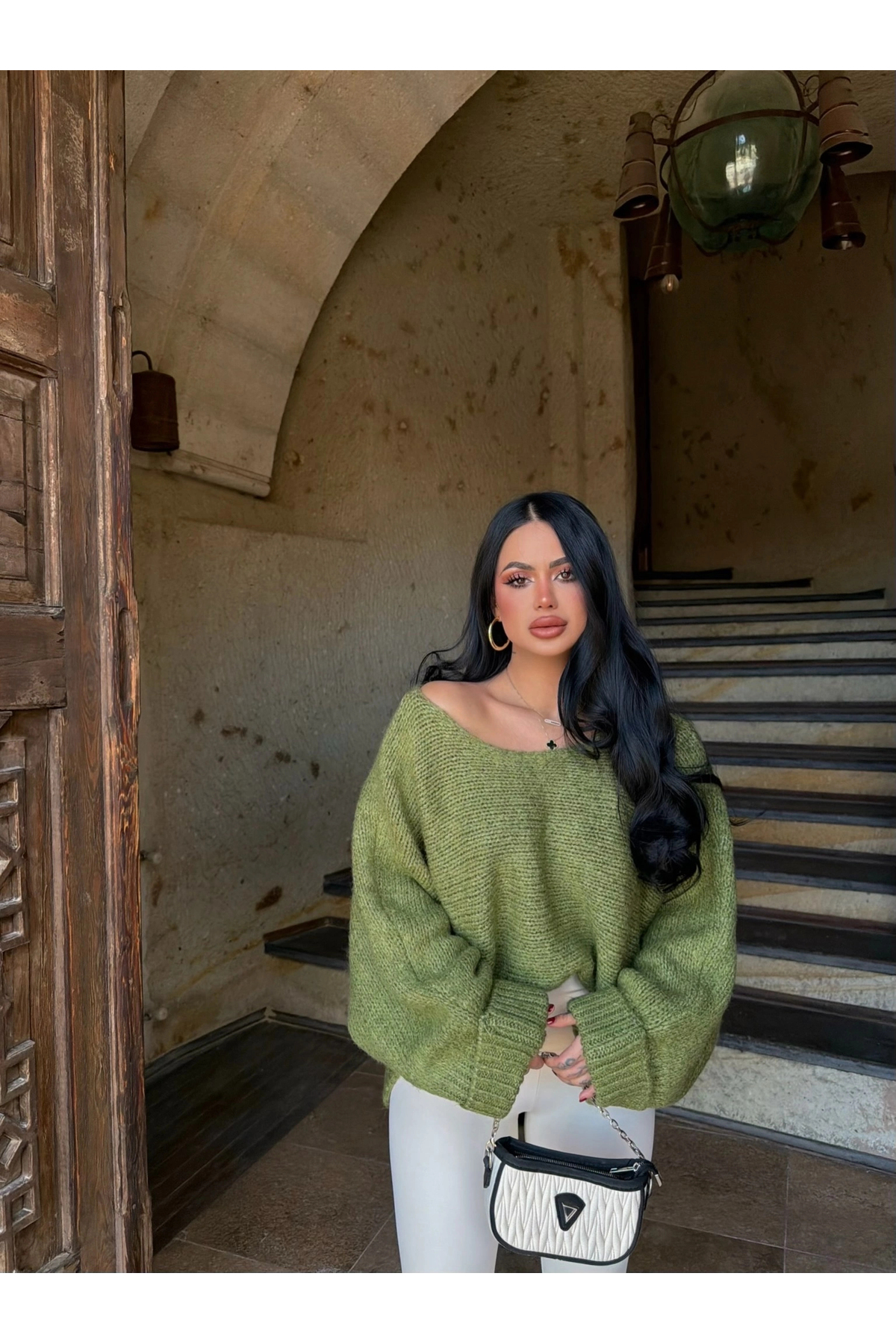 kırmızı butiks Yeşil Batwing Oversize Triko Kazak görsel 3