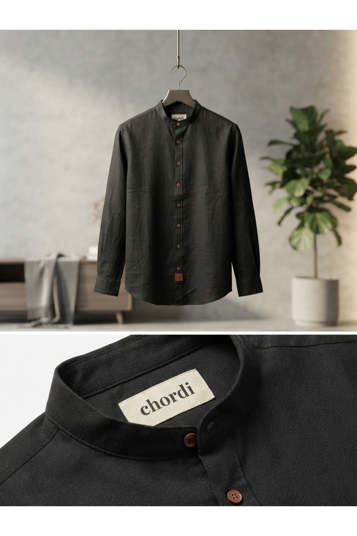 Chordi Erkek Büyük Beden Battal Slim Fit Uzun Kollu Keten Hakim Yaka Gömlek görsel 4