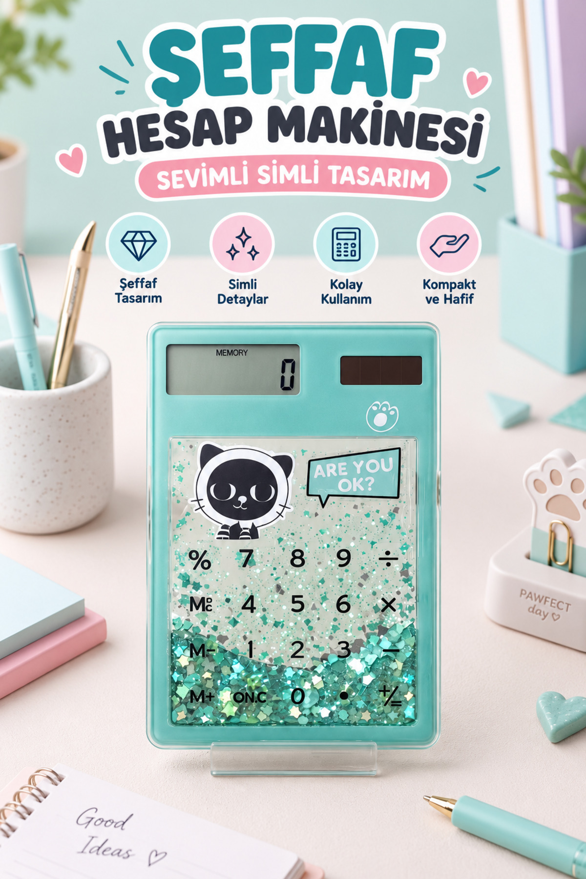 Yenilig Şeffaf Simli Hesap Makinesi Sevimli Tasarım Masaüstü Okul Ofis Hesap Makinesi
