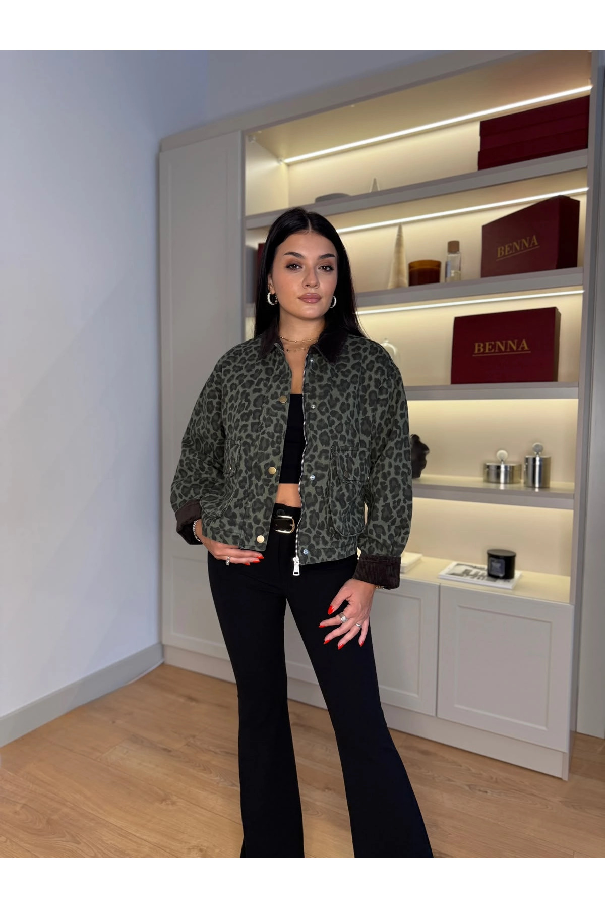 Benna Denim leopar kadife yaka ceket