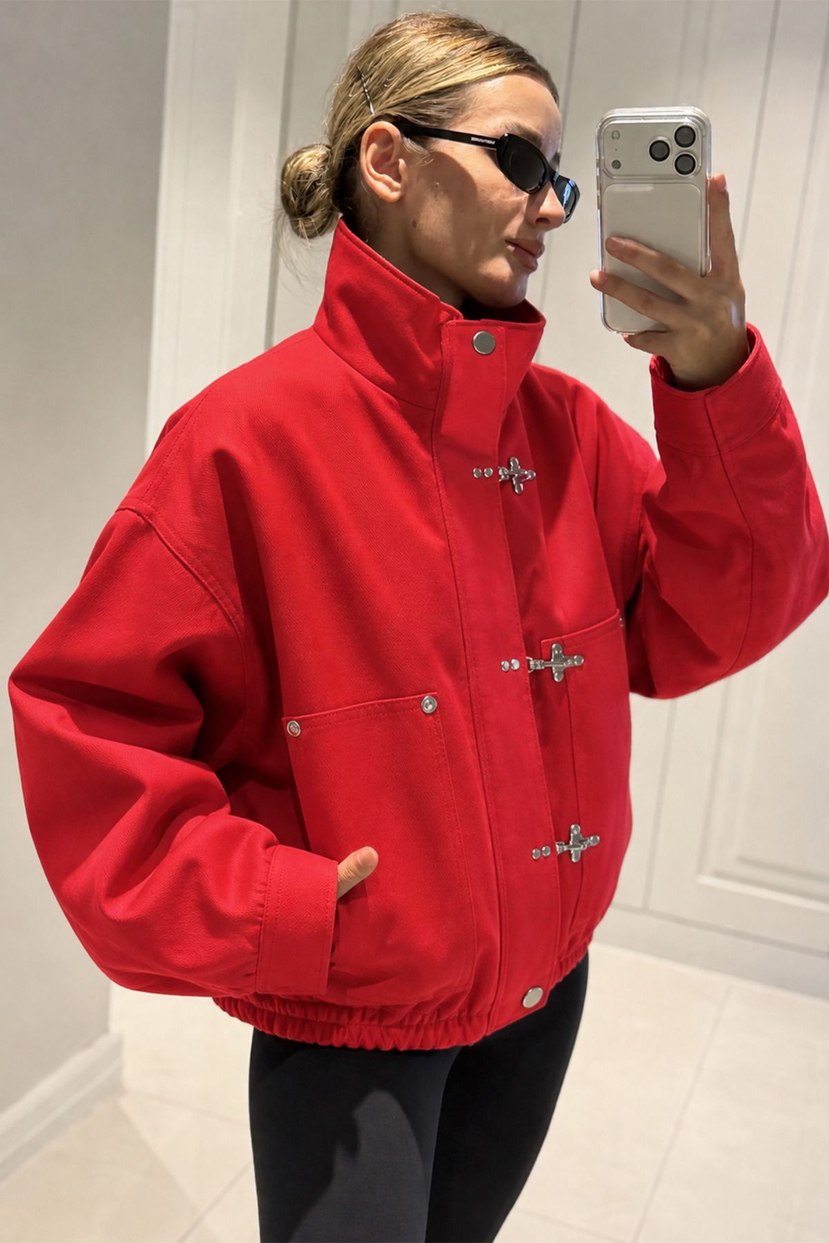 MANMARK Japon Düğmesi Detaylı Dik Yaka Gabardin Kumaş Oversize Kanvas Kadın Bomber Ceket görsel 2