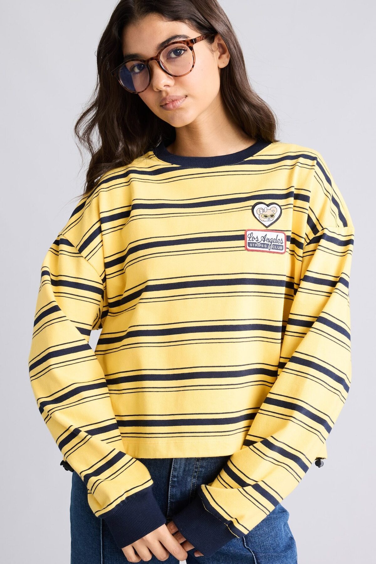 DeFacto Loose Fıt Bisiklet Yaka Baskılı Çizgili Sweatshirt I2418AX26AU