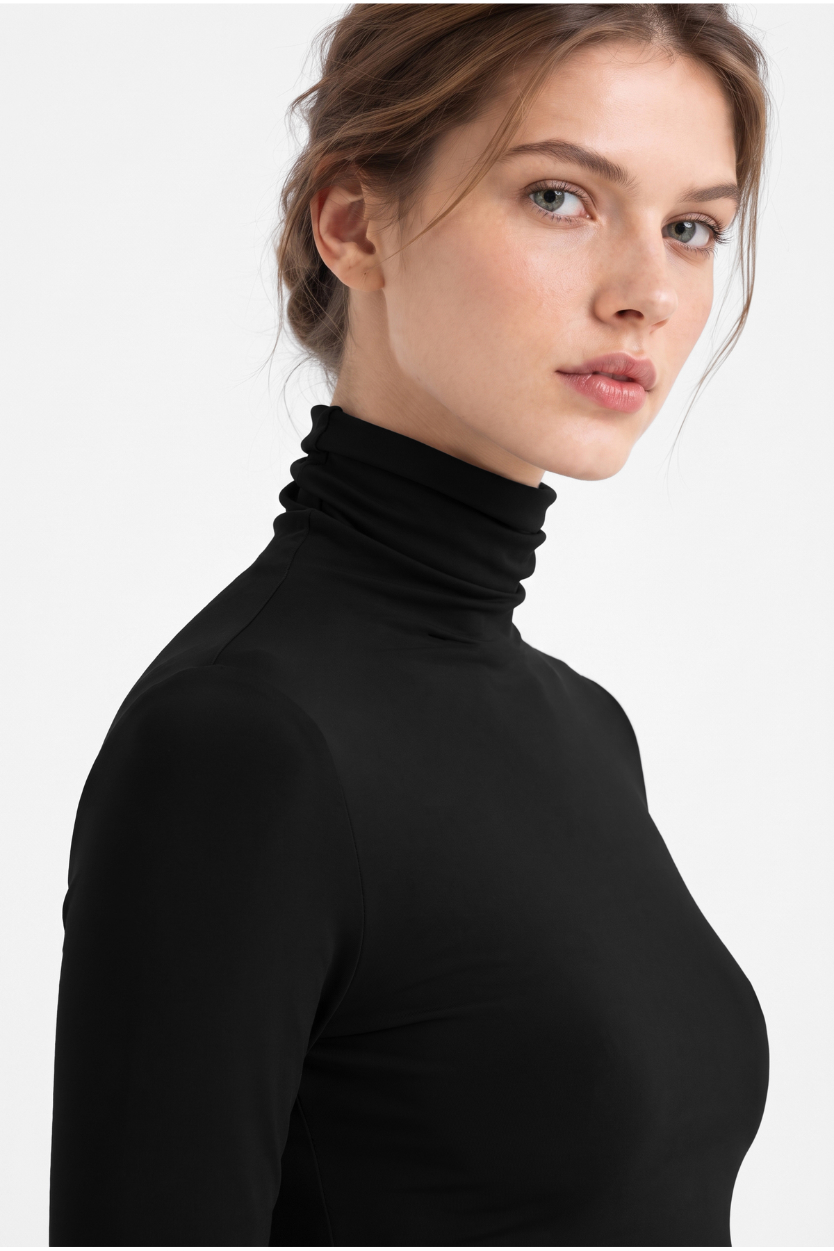OLYNN Kadın Siyah Balıkçı Yaka Uzun Kollu Premium Soft Modal Pamuk Bluz görsel 2