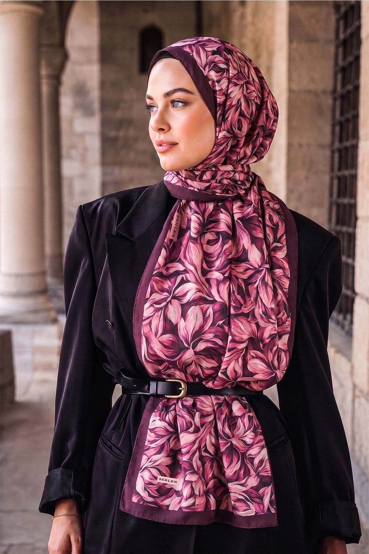 Sehlen Perla Botanik Yaprak Desenli Şal - Vişne görsel 2