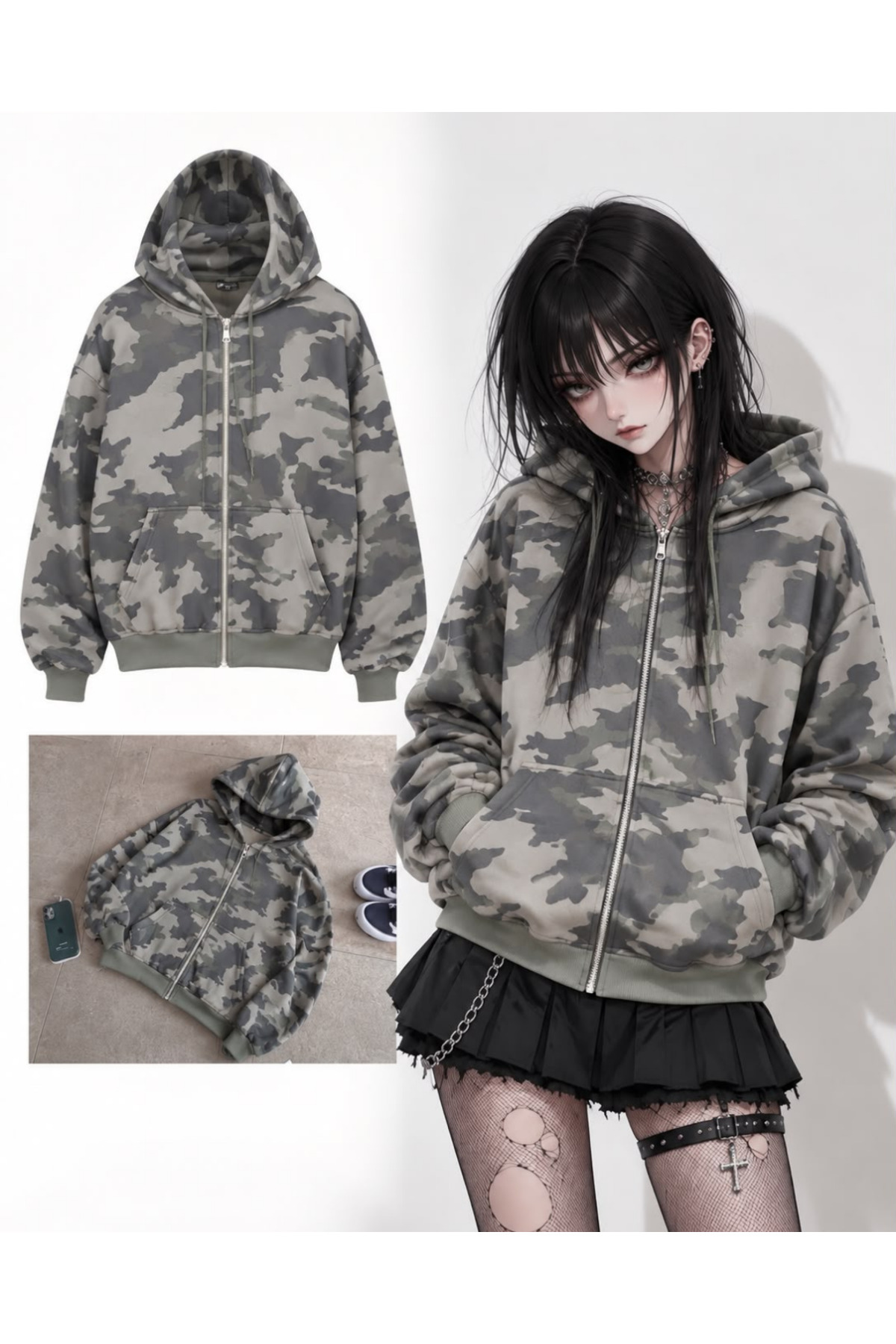 Toum Kamuflaj Urban Camo 3 İplik Şardonlu Kapüşonlu Hırka — خاکی SsKAMU