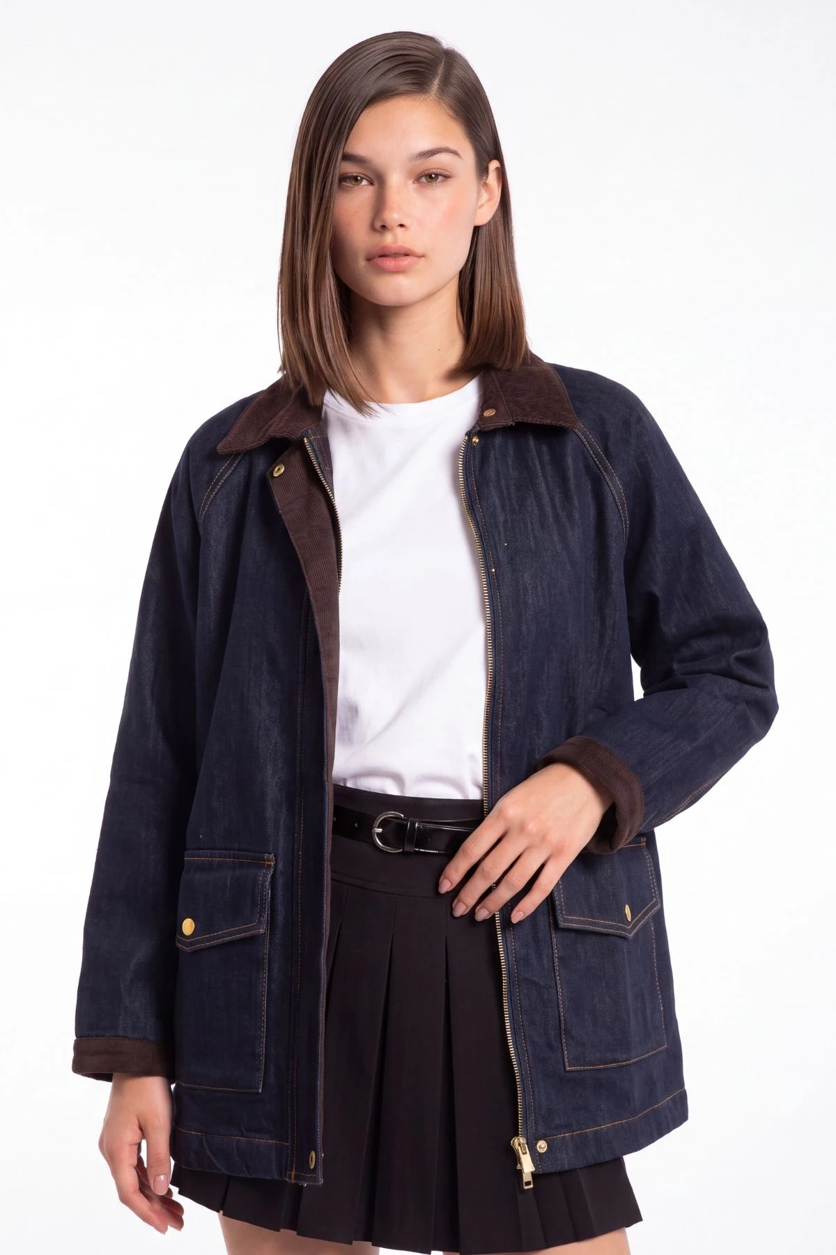 cemo Kadın Denim Ceket Kadife Yaka Detaylı Fermuarlı Cepli