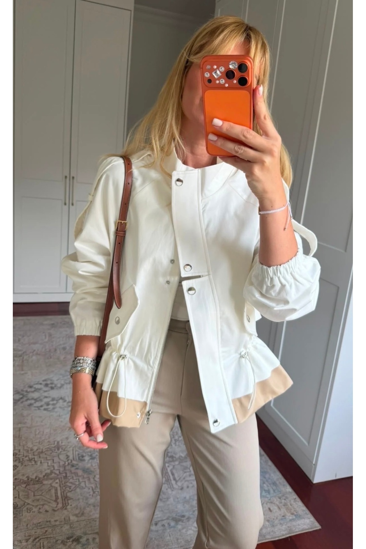 ESSA Belden Bağlamalı , Premium Beyaz & Bej , Gabardin Ceket görsel 2