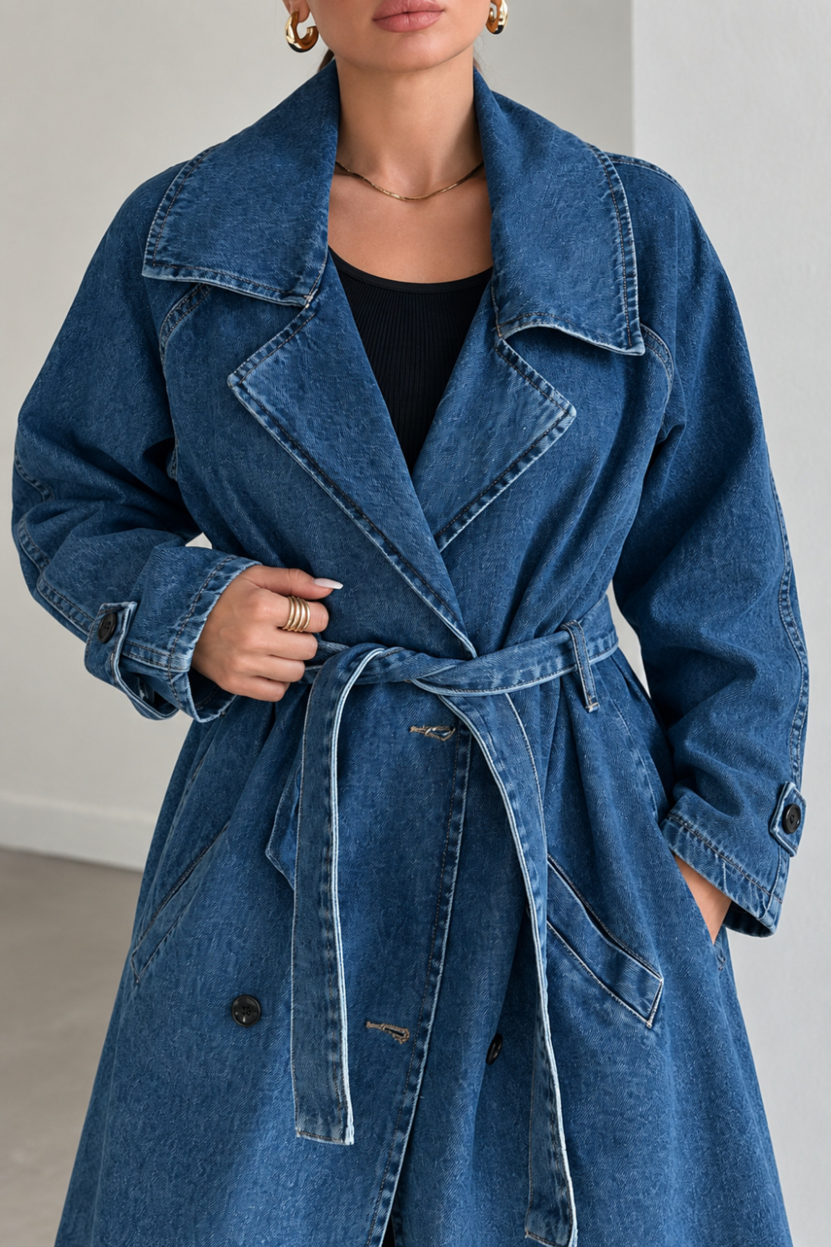 1434 Polo State Kadın Kuşaklı Kruvaze Yaka Oversize Uzun Denim Trençkot Mavi görsel 3
