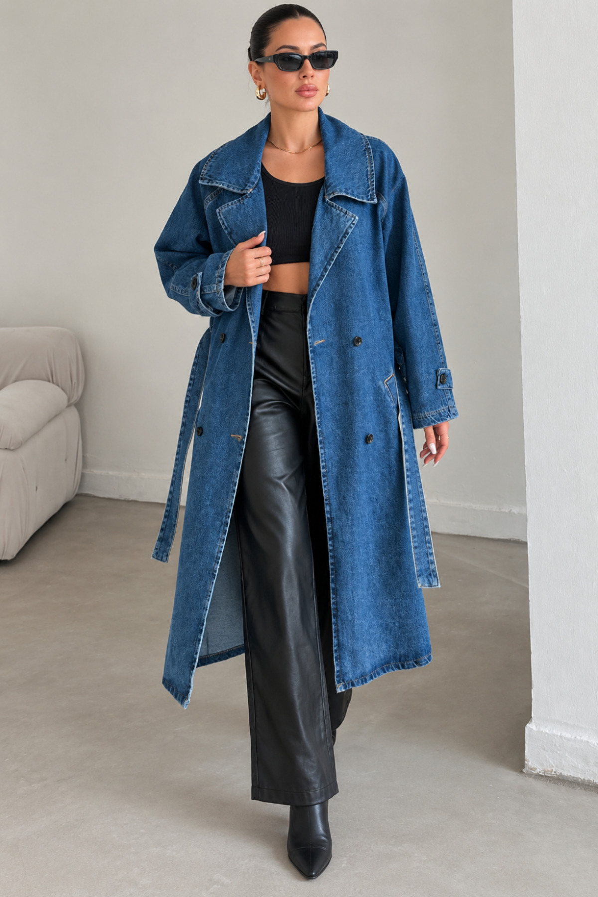 1434 Polo State Kadın Kuşaklı Kruvaze Yaka Oversize Uzun Denim Trençkot Mavi görsel 2