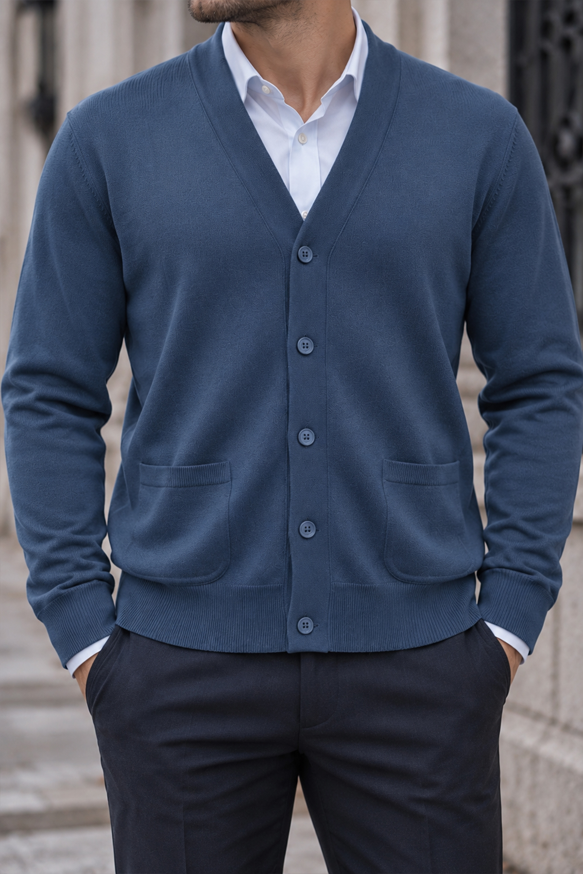 Beyome Erkek %100 Cotton V Yaka Düğmeli Hırka-Süveter Yandan Cepli Triko Günlük Şık Rahat Kesim görsel 2