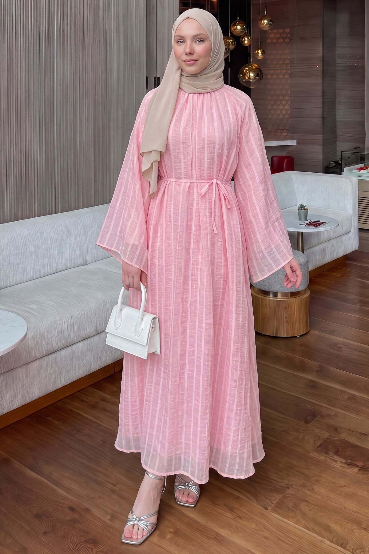 Salih Çelebi Reglan Kol Çizgili Elbise Y0168 - PEMBE