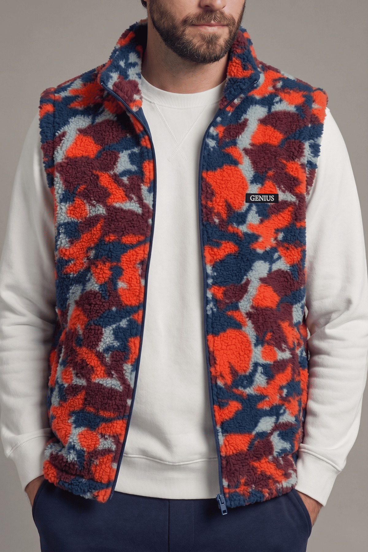 GENIUS STORE Erkek Yelek İçi Şardonlu Sherpa Peluş Yelek Tam Fermuarlı Cepli Kuzu Outdoor Yelek