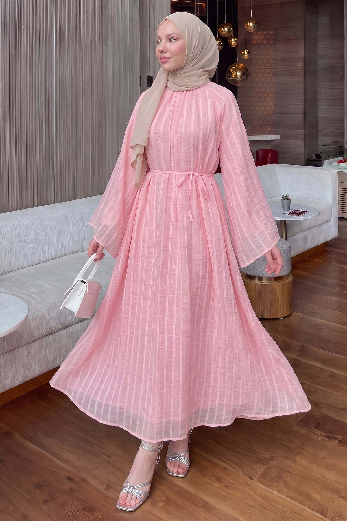 Salih Çelebi Reglan Kol Çizgili Elbise Y0168 - PEMBE görsel 3