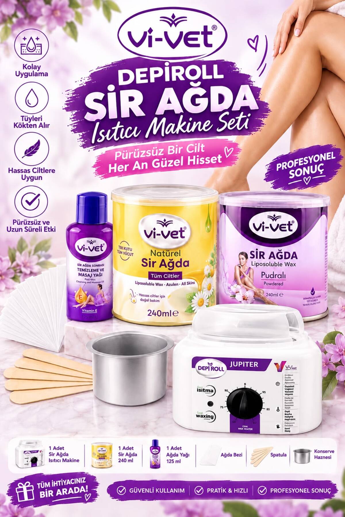 Vi-vet 2 Adet 240 ml Sir Ağda+1 Adet 2 Yıl Garantili Makine+Ağda Yağı+Yedek Tas+Spatula+Ağda Bezi — NTRPDR00
