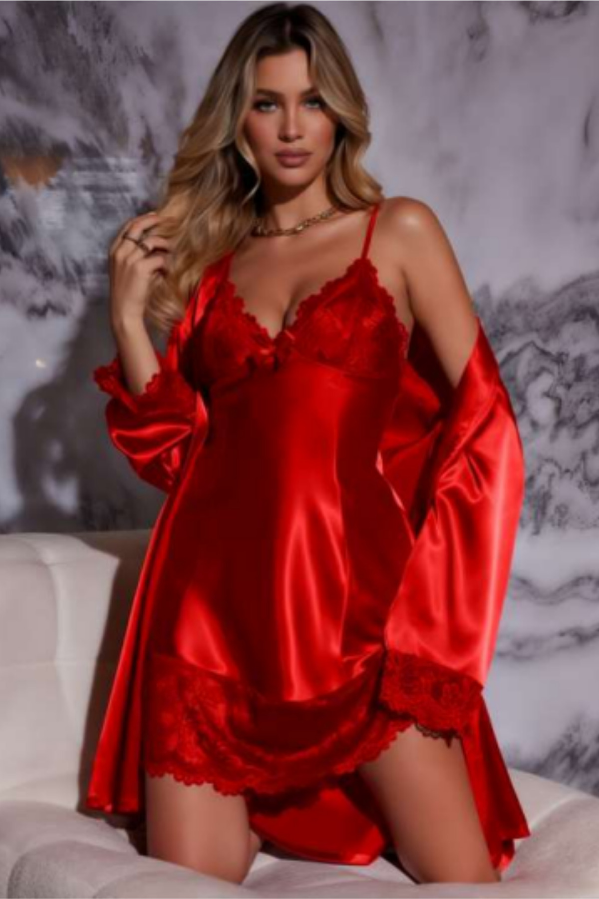 Visatin Lingerie Kadın Kırmızı Dantel Detaylı Saten Gecelik Sabahlık İkili Takım görsel 2