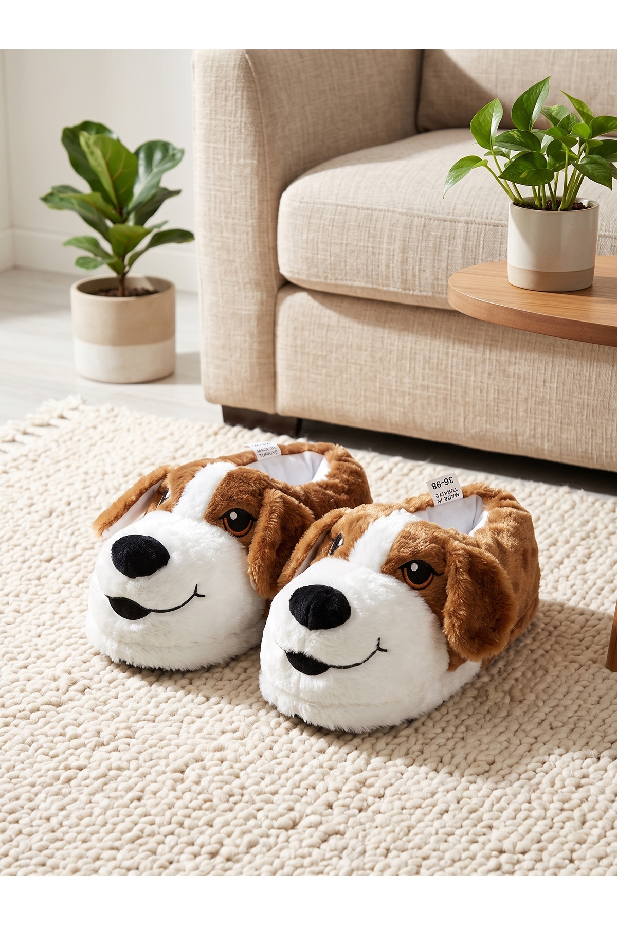 StepMore Kadın Kahverengi Beyaz Sevimli Köpek Figürlü Peluş Panduf Ev Terliği görsel 2