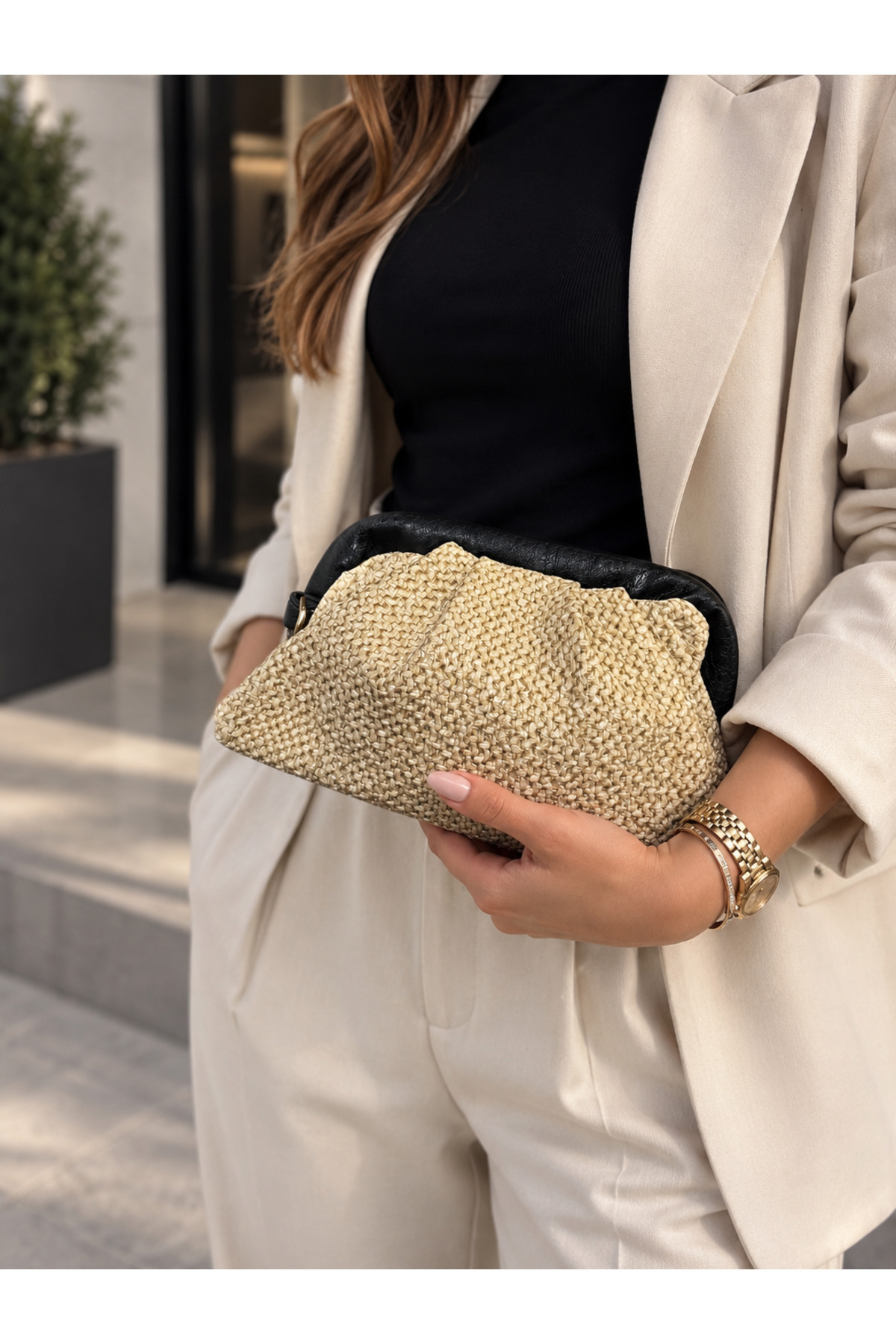 WİAWORK Kadın Hasır Burslu Deri Detaylı Clutch Çanta görsel 2