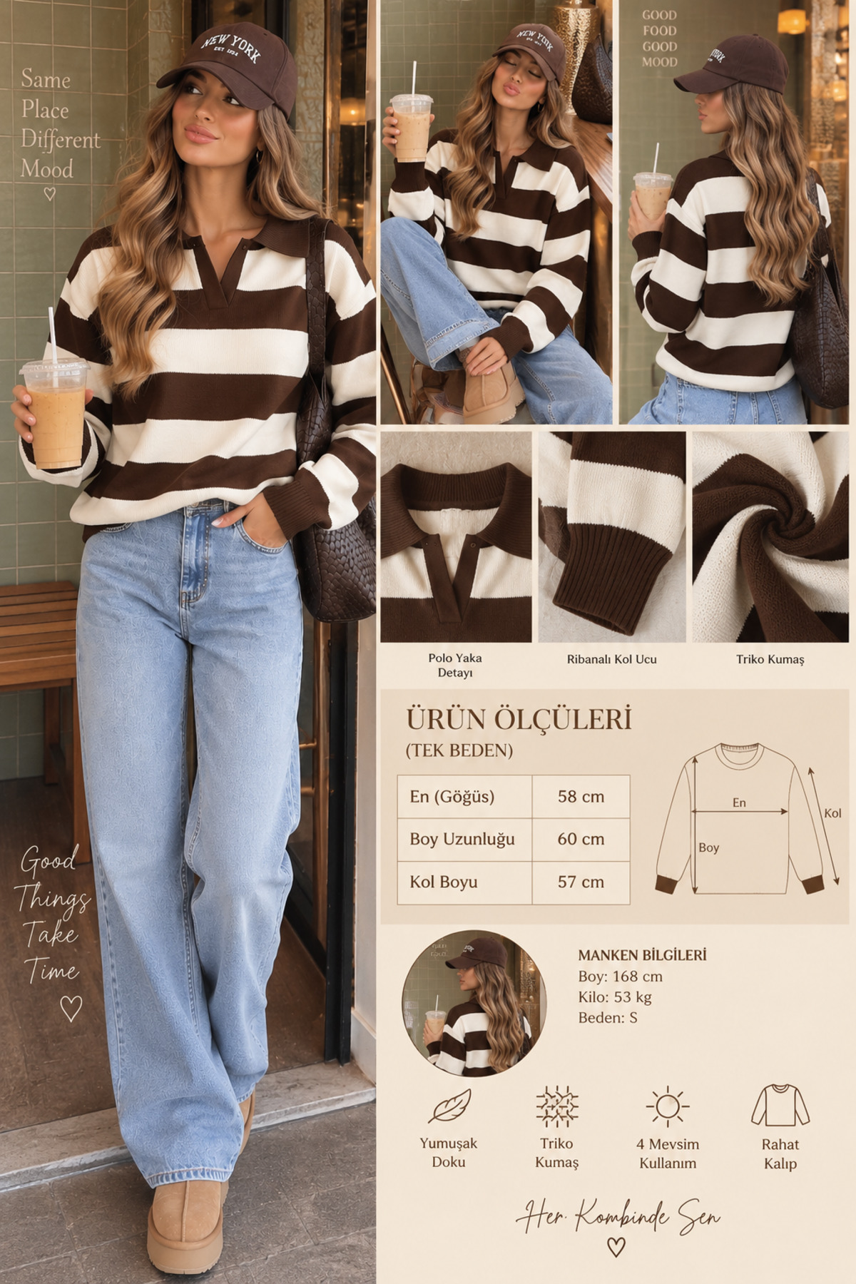 NİLZA New York Kadın Kahverengi Çizgili Oversize Polo Yaka Triko Kazak görsel 4