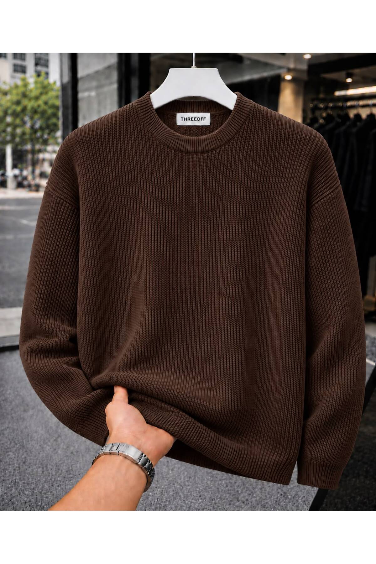 Erkek Regular Fit Bisiklet Yaka Örgülü Triko — قهوه‌ای oziidüz571