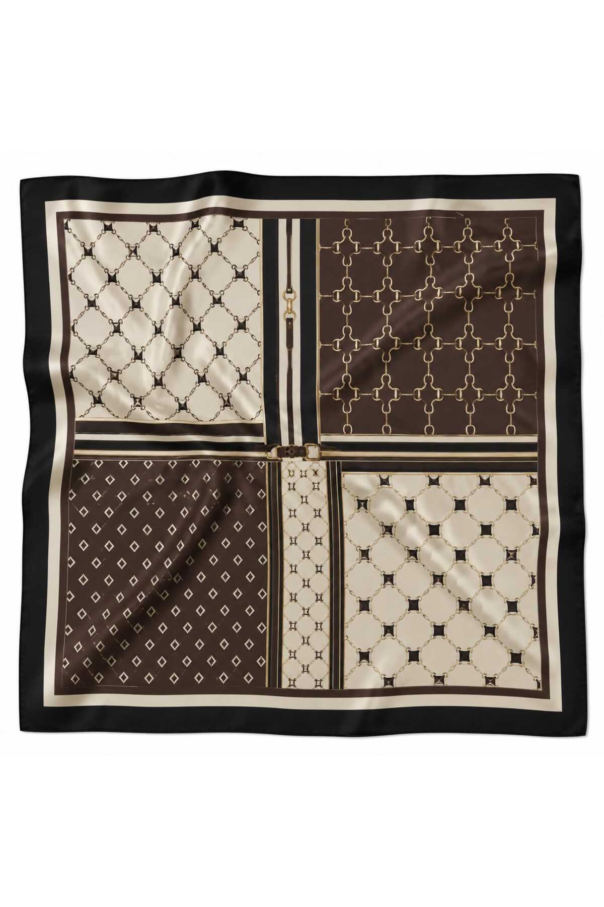 Mavero Zincir ve Geometrik Desenli 50x50 Siyah Kahve Saten Kadın Fular Bandana