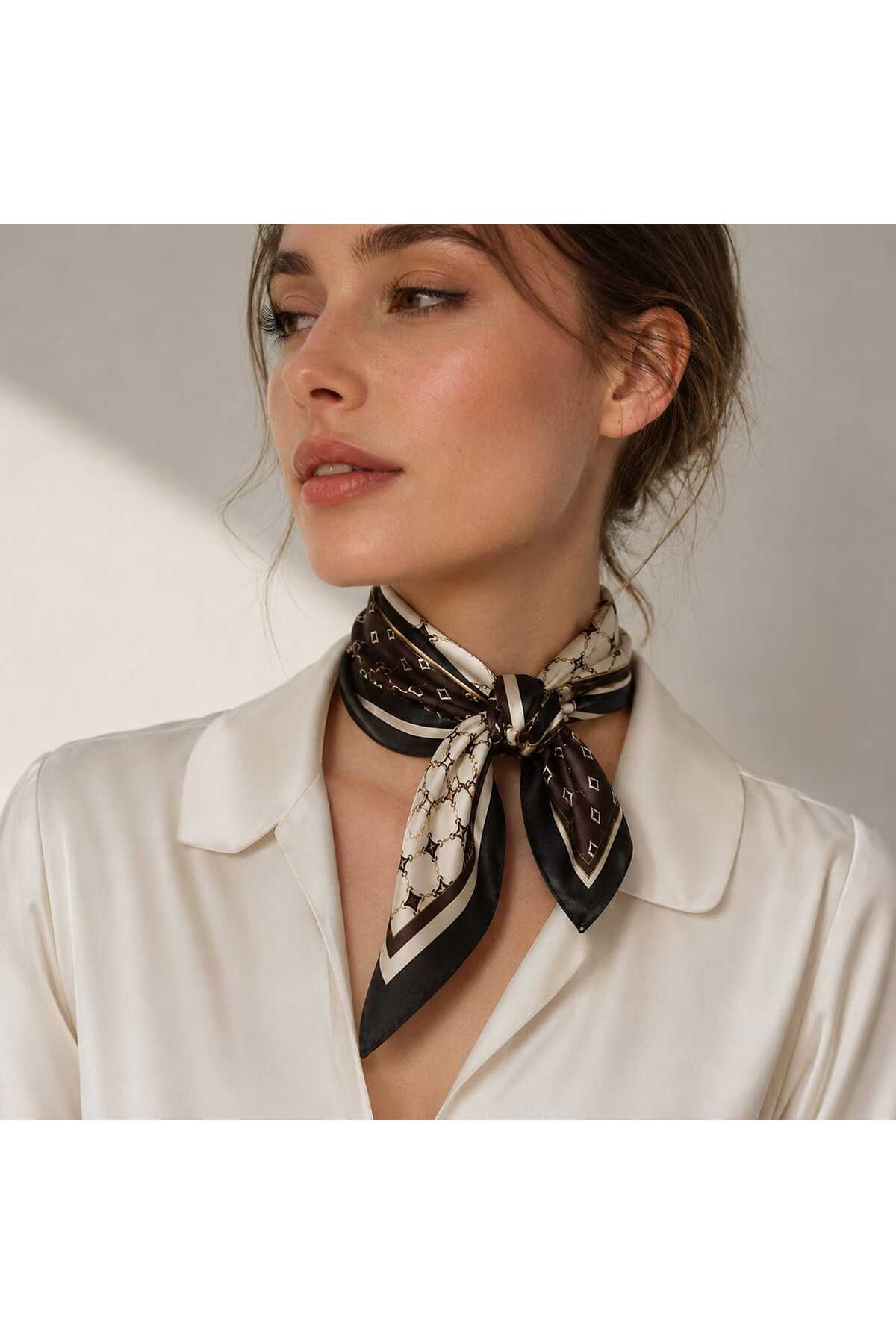 Mavero Zincir ve Geometrik Desenli 50x50 Siyah Kahve Saten Kadın Fular Bandana görsel 4