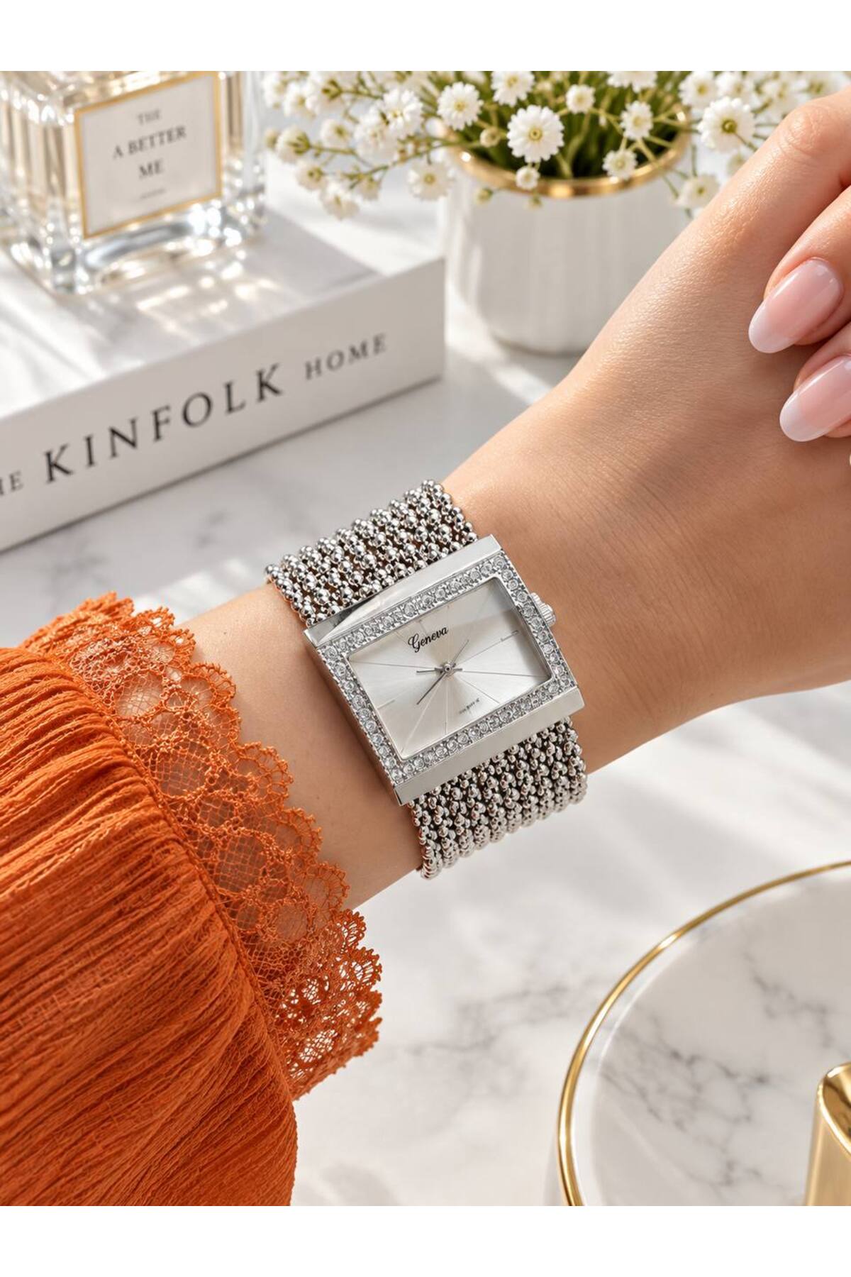Yeşilmoda Kadın Dikdörtgen Kadranlı Çelik Görünümlü Metal Kordonlu Quartz Kol Saati görsel 3