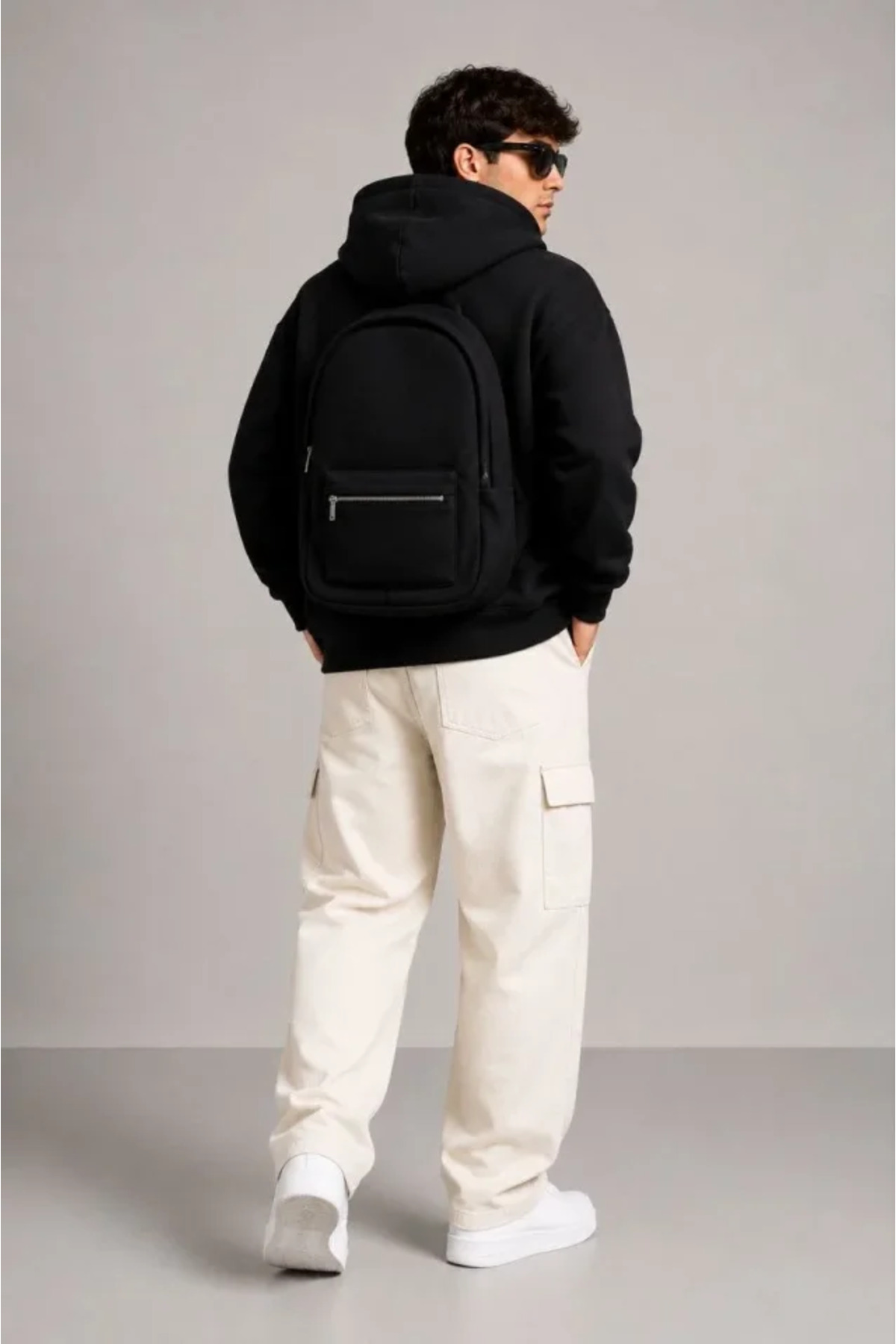 Erkek 3 İplik Şardonlu Tam Fermuarlı Kapüşonlu Arka Çanta Detaylı Sweatshirt - Siyah