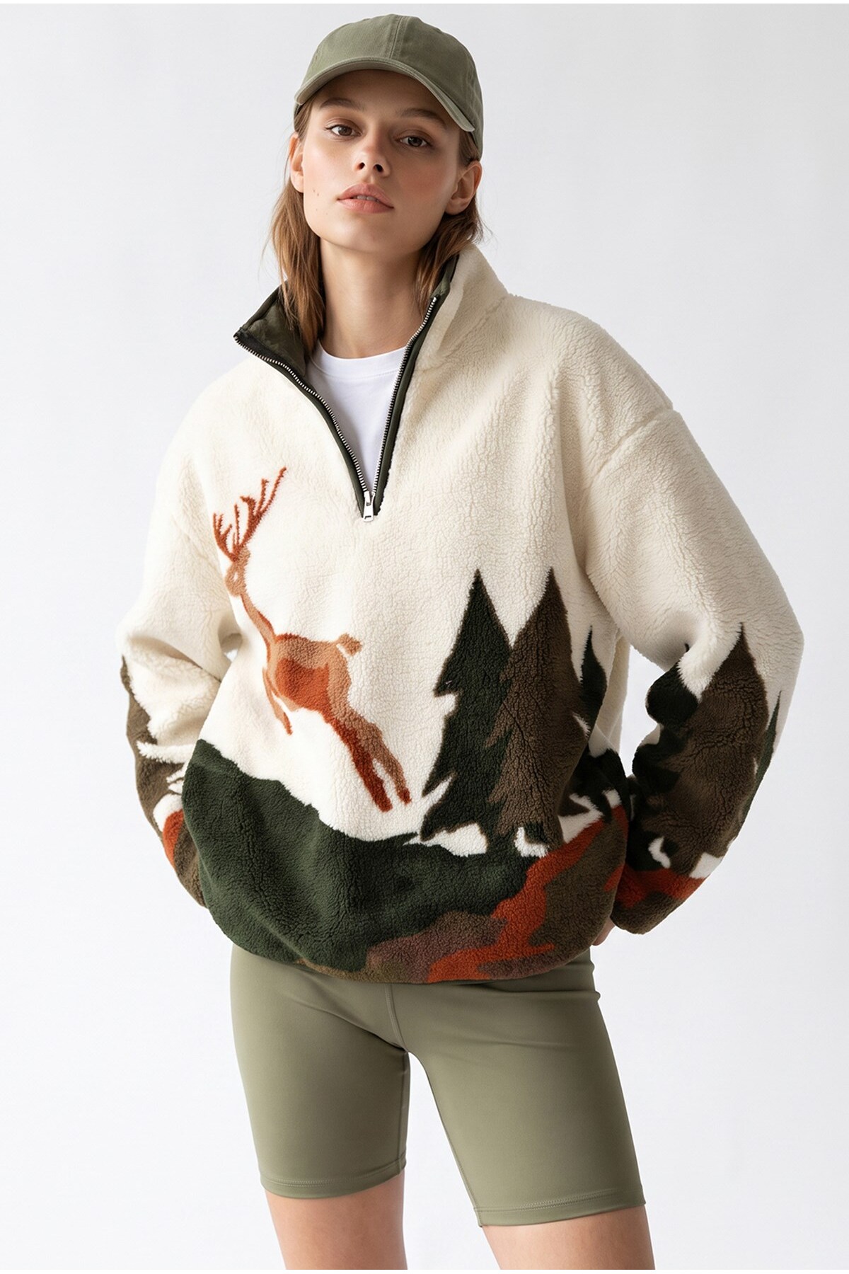 Mixray 4979 Kadın Çam ve Geyik Temalı Cepli Yarım Fermuar Yumuşak Dokulu Polar Sweatshirt görsel 3