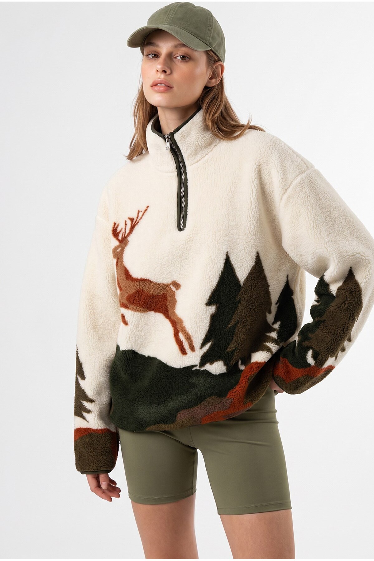 Mixray 4979 Kadın Çam ve Geyik Temalı Cepli Yarım Fermuar Yumuşak Dokulu Polar Sweatshirt görsel 4