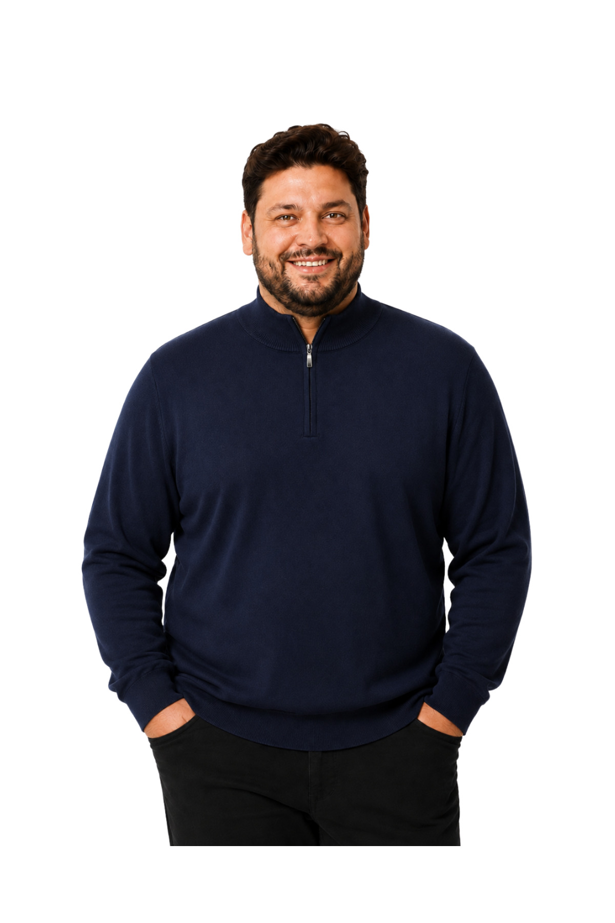 BattalModa Erkek Büyük Beden Lacivert Fermuarlı Dik Yaka Pamuklu Kazak 3XL-4XL-5XL-6XL