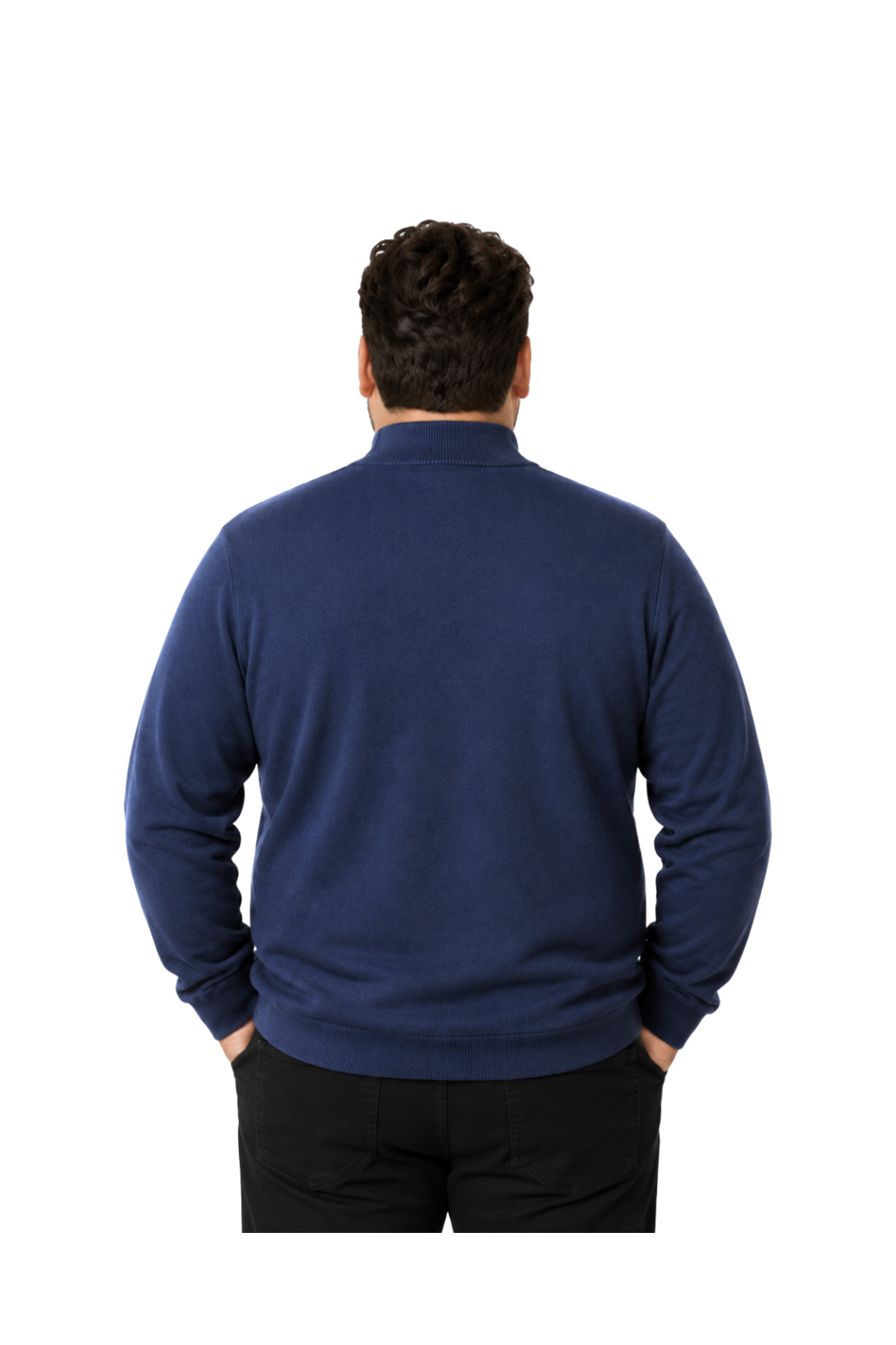 BattalModa Erkek Büyük Beden İndigo Fermuarlı Dik Yaka Pamuklu Kazak 3XL-4XL-5XL-6XL görsel 3