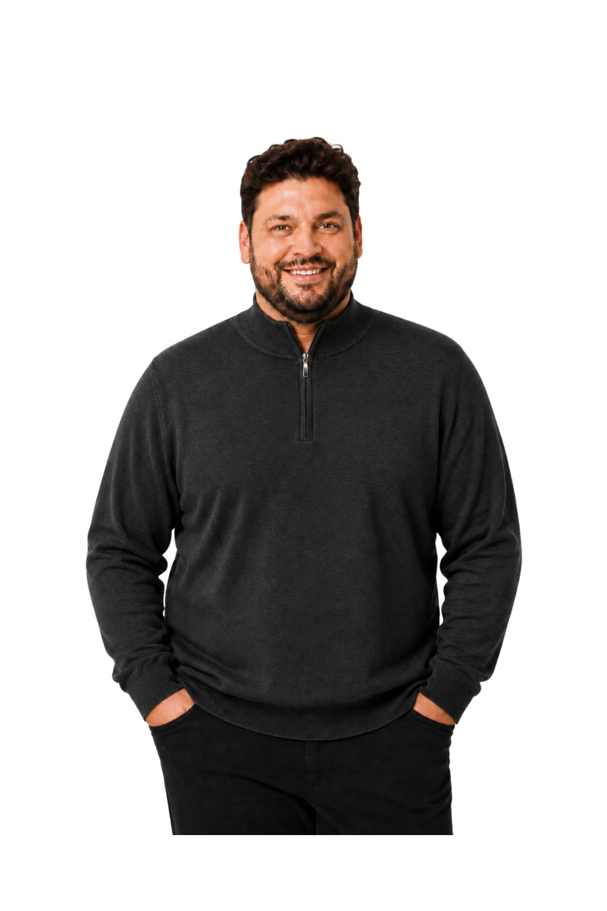 BattalModa Erkek Büyük Beden Antrasit Fermuarlı Dik Yaka Pamuklu Kazak 3XL-4XL-5XL-6XL