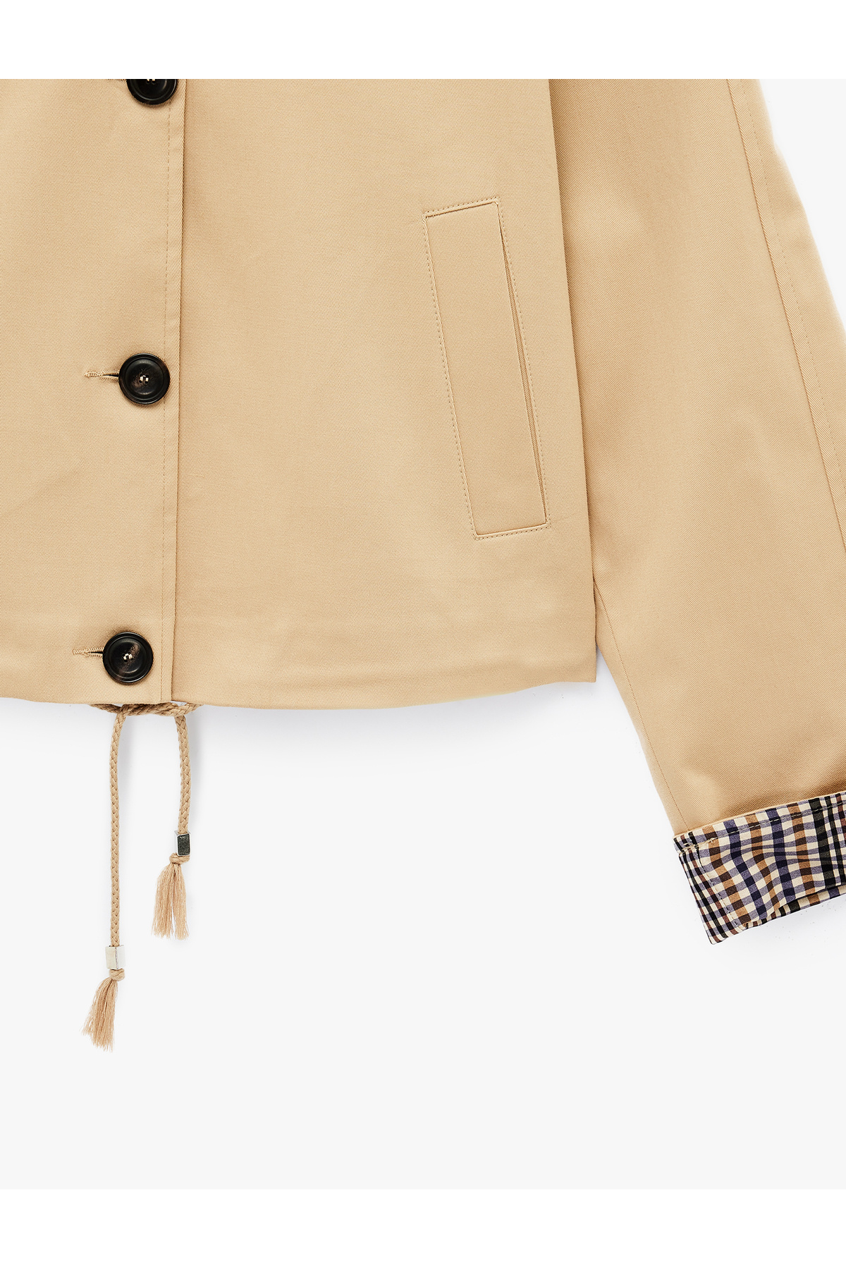 Koton Uzun Kollu Düğmeli Ekose Astarlı Oversize Gabardin Dik Yaka Kısa Trençkot görsel 3