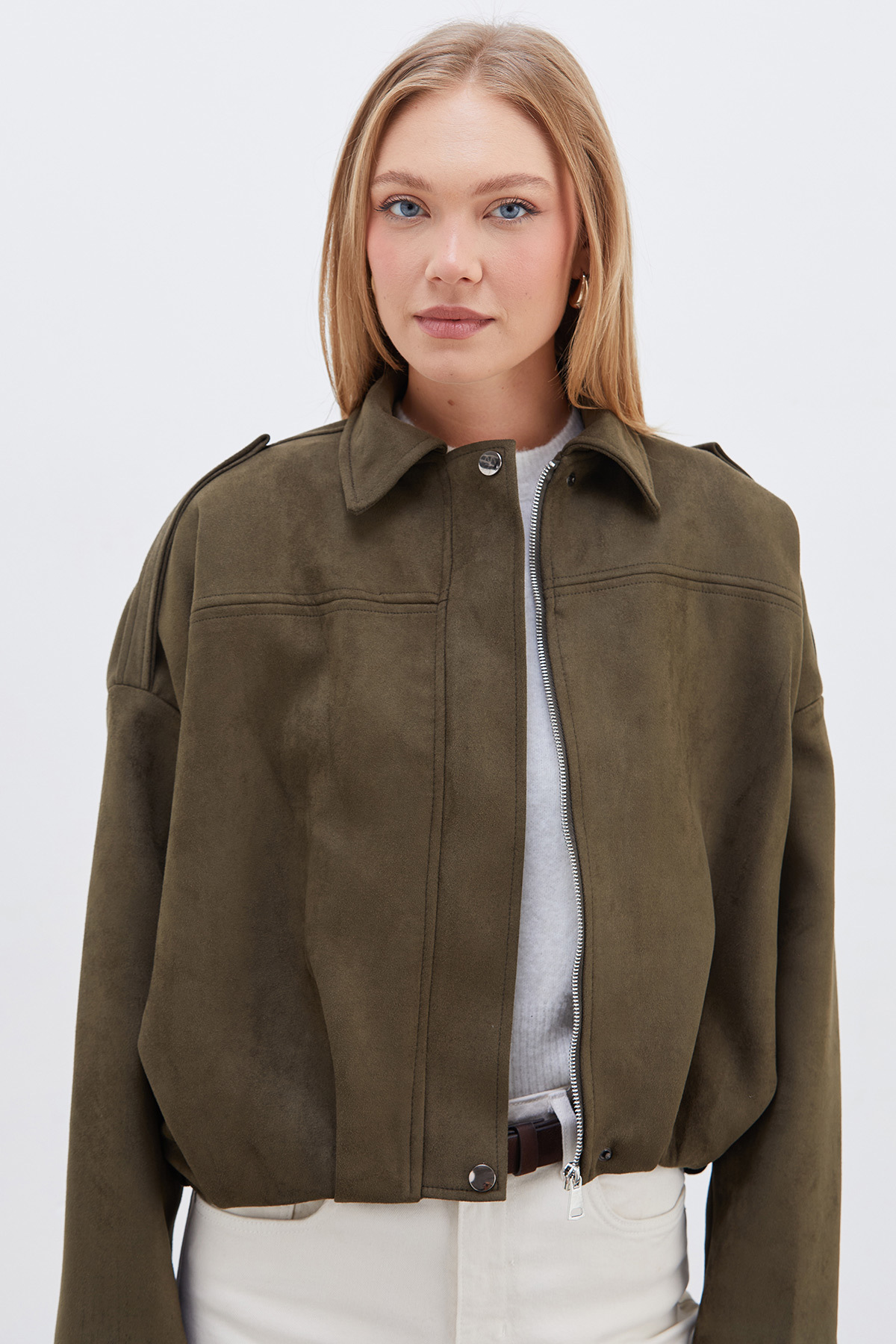 Fulla Moda Fermuarlı Polo Yaka Süet Bomber Ceket görsel 6