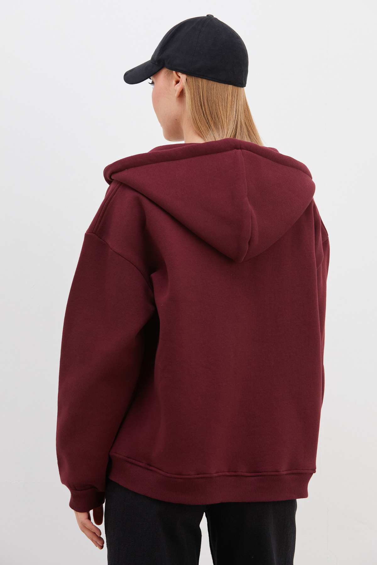 Fulla Moda 3 İplik Basic Fermuarlı Kapüşonlu Oversize Sweatshirt görsel 8