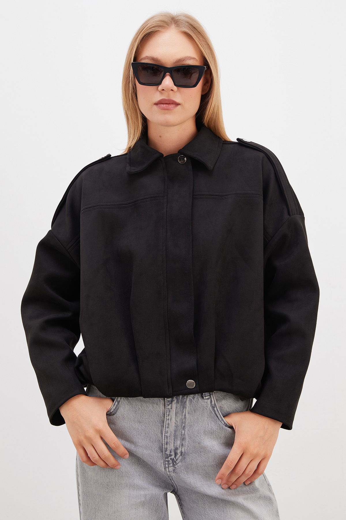 Fulla Moda Fermuarlı Polo Yaka Süet Bomber Ceket görsel 7
