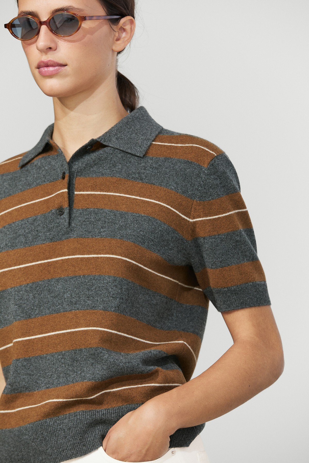 Massimo Dutti Çizgili kısa kollu yün triko polo görsel 3