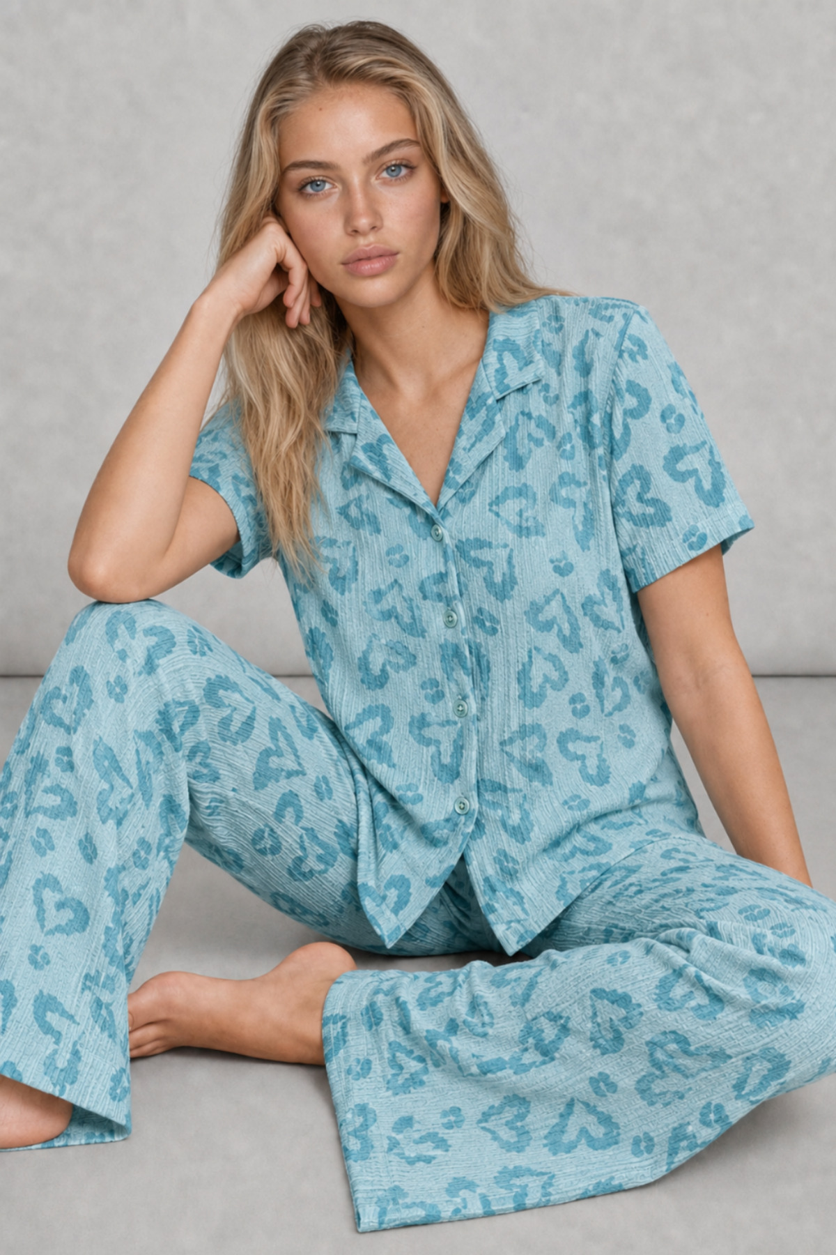 FİT WOMEN Kadın Kısa Kol Desenli Mint Pijama Takımı 4740 görsel 3