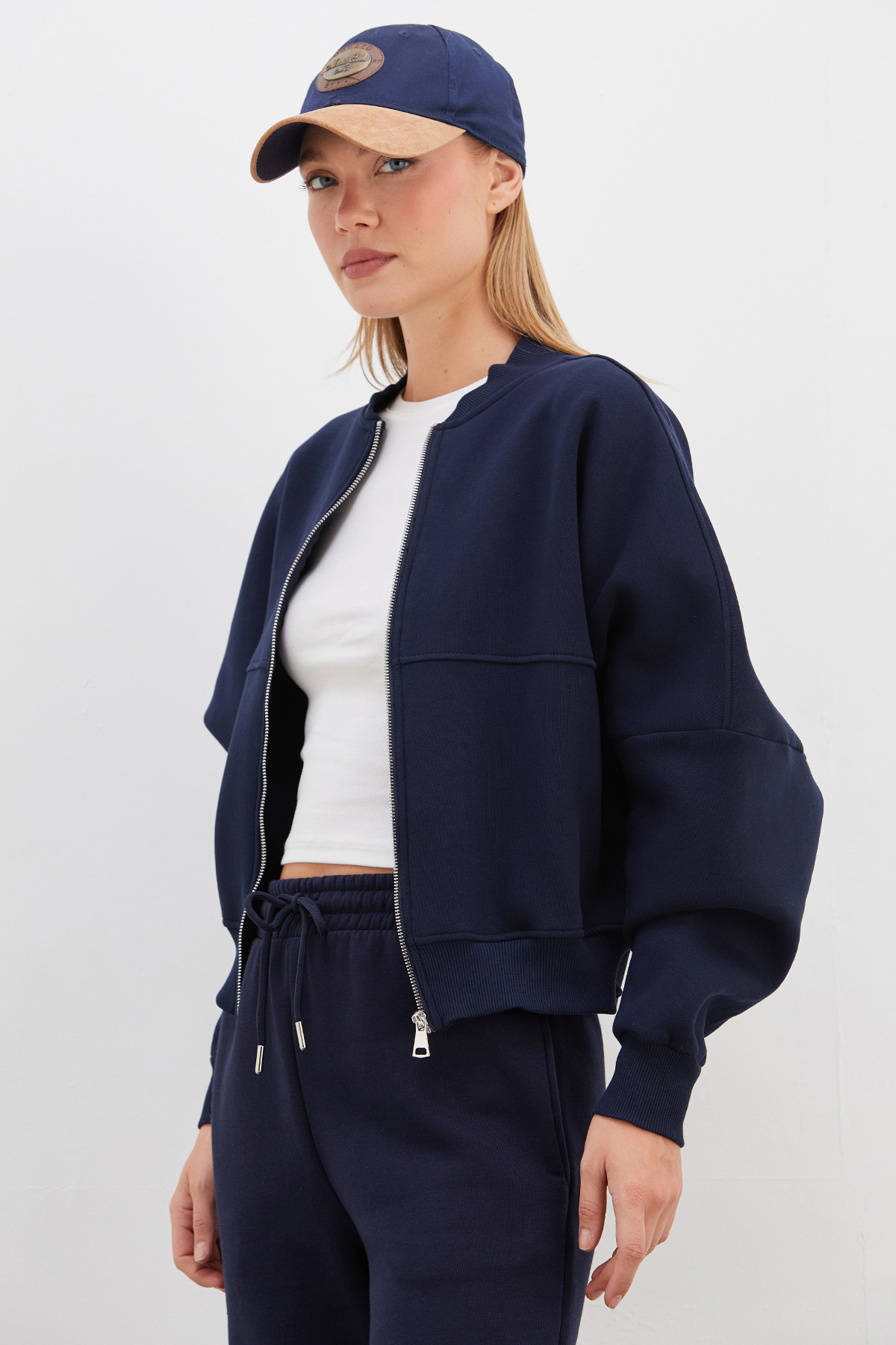 Fulla Moda 3 İplik Basic Fermuarlı Dik Yaka Crop Sweatshirt görsel 5