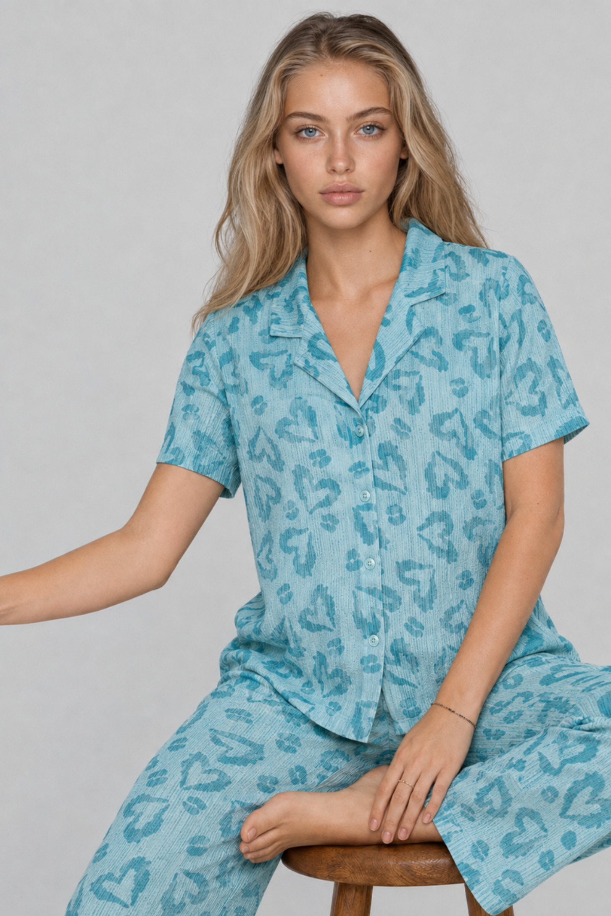 FİT WOMEN Kadın Kısa Kol Desenli Mint Pijama Takımı 4740 görsel 2