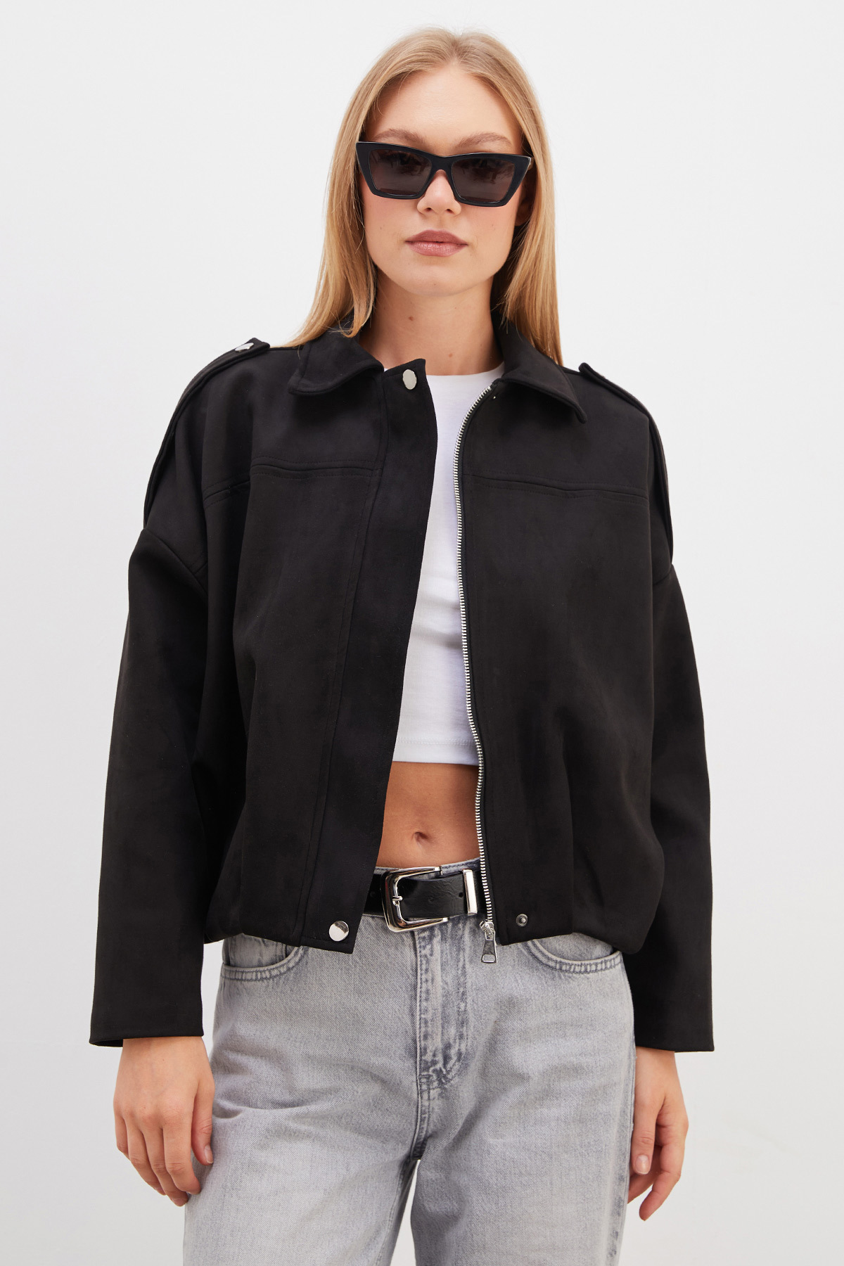Fulla Moda Fermuarlı Polo Yaka Süet Bomber Ceket görsel 3