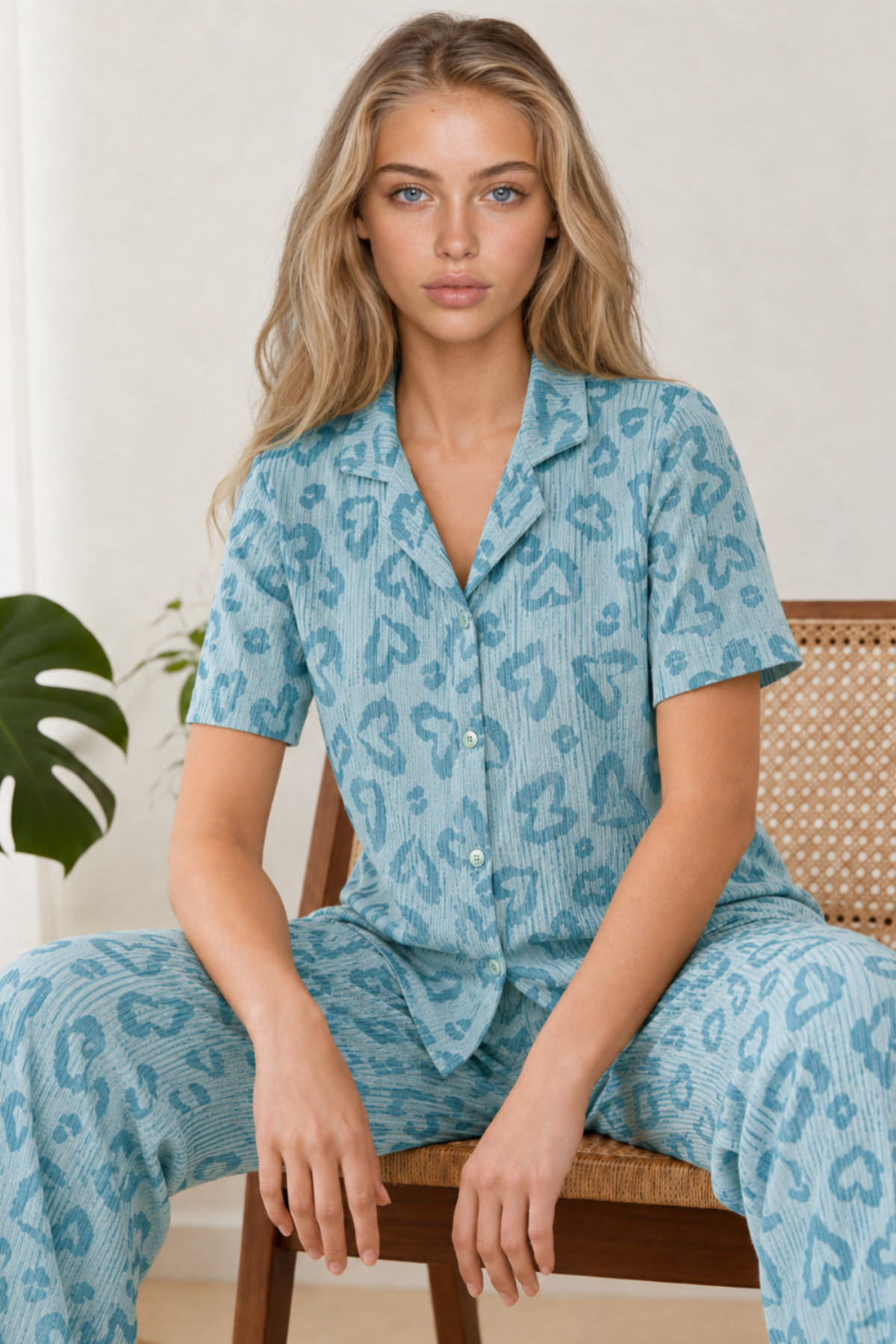FİT WOMEN Kadın Kısa Kol Desenli Mint Pijama Takımı 4740