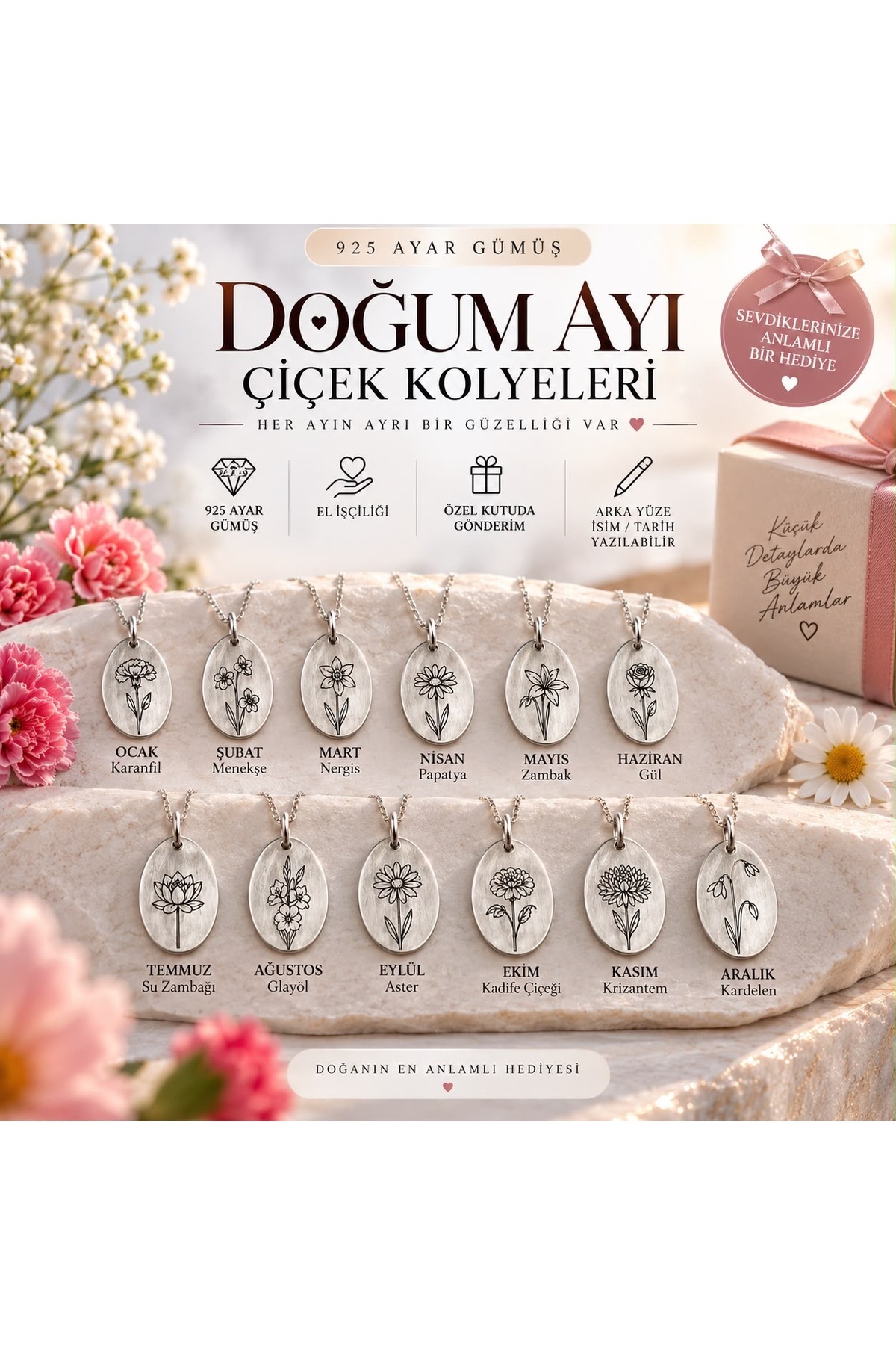 Baskın gümüş 925 Ayar Gümüş, Doğum Ayı Çiçeği Kolye, Kişiye Özel İsim, Tarih, Kadın Kolye, Hediye