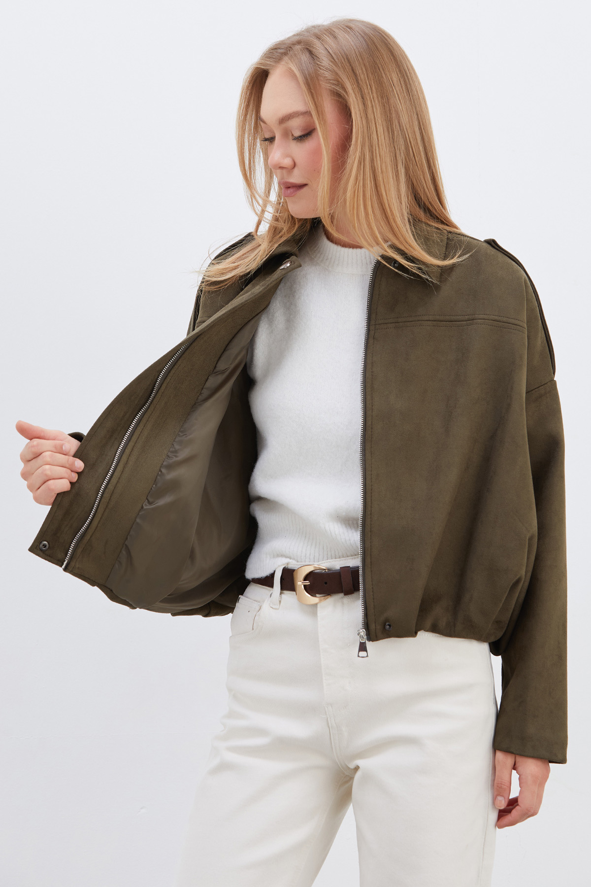 Fulla Moda Fermuarlı Polo Yaka Süet Bomber Ceket görsel 4