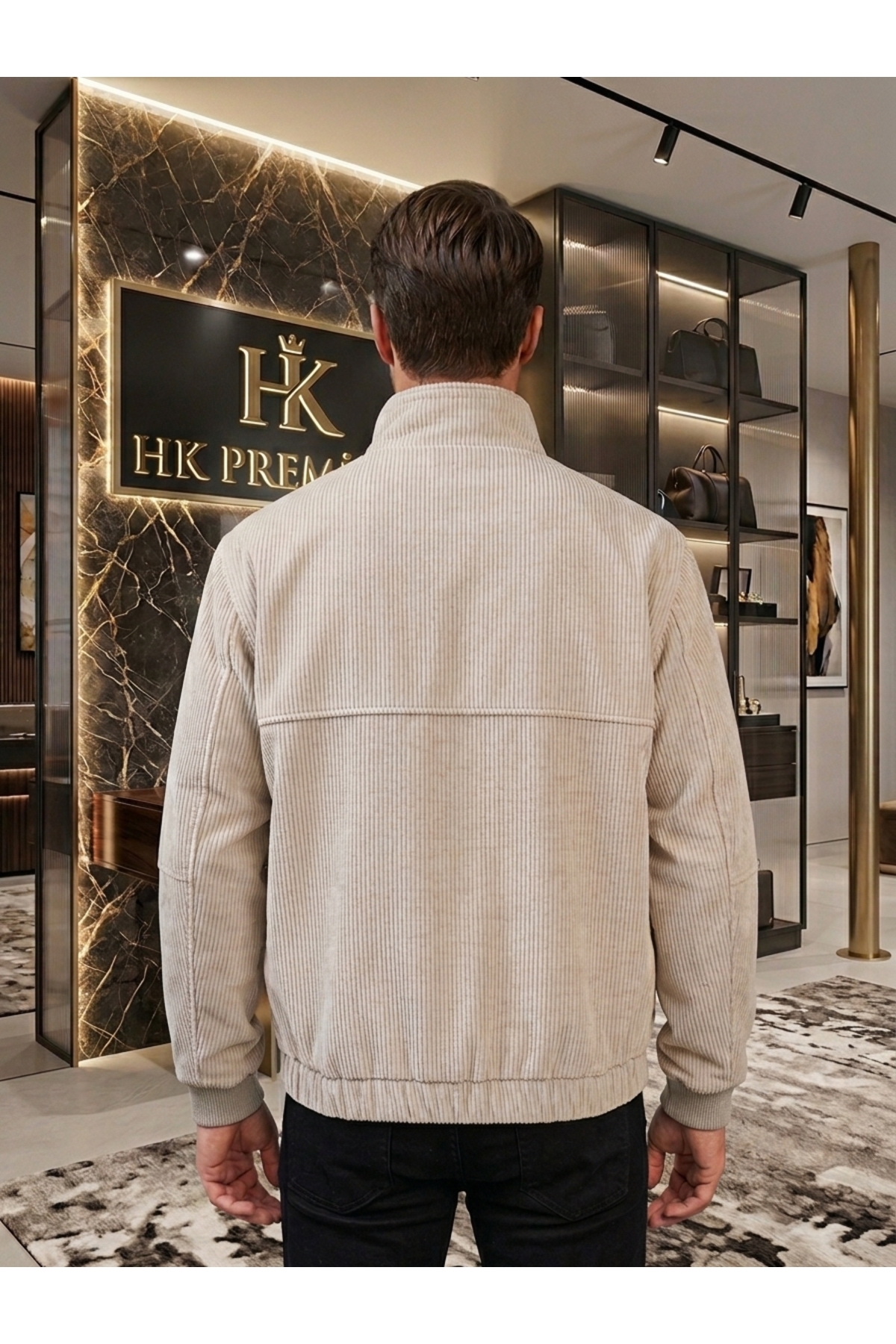 Erkek Fitilli Kadife Mont Astarsız Oversize Dik Yaka Çıtçıtlı Bomber Ceket — بژ 8234 — تصویر 6 از 6