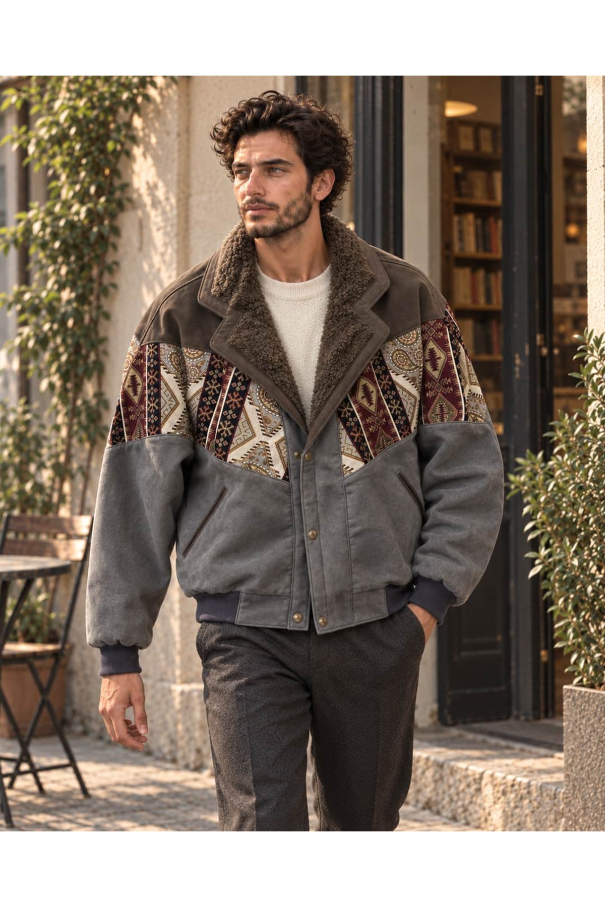 CANMODA (8026) Recien Unisex Kürklü Yaka Vintage Aztek Ceket Oversize 90lar Mont 2XLarge / 3XLarge Uyumlu görsel 4