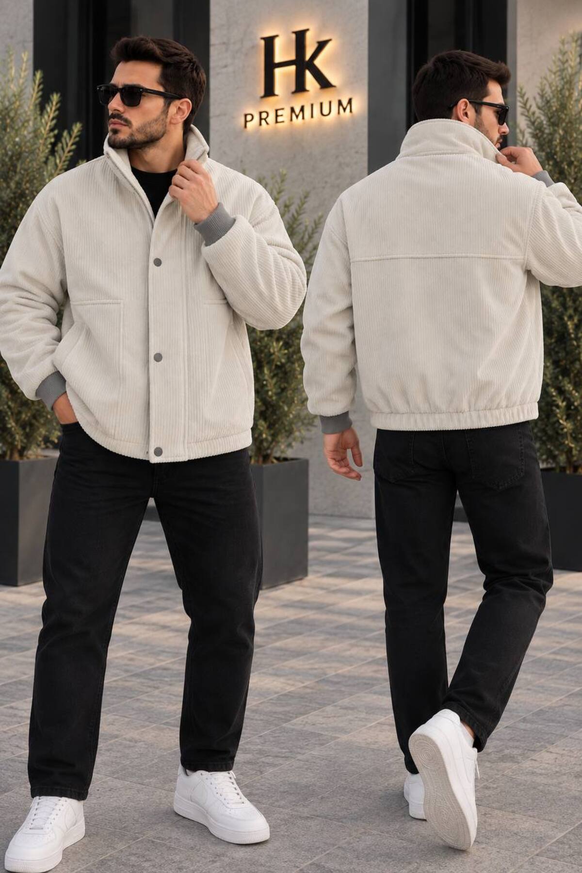 Erkek Fitilli Kadife Mont Astarsız Oversize Dik Yaka Çıtçıtlı Bomber Ceket — بژ 8234 — تصویر 3 از 6