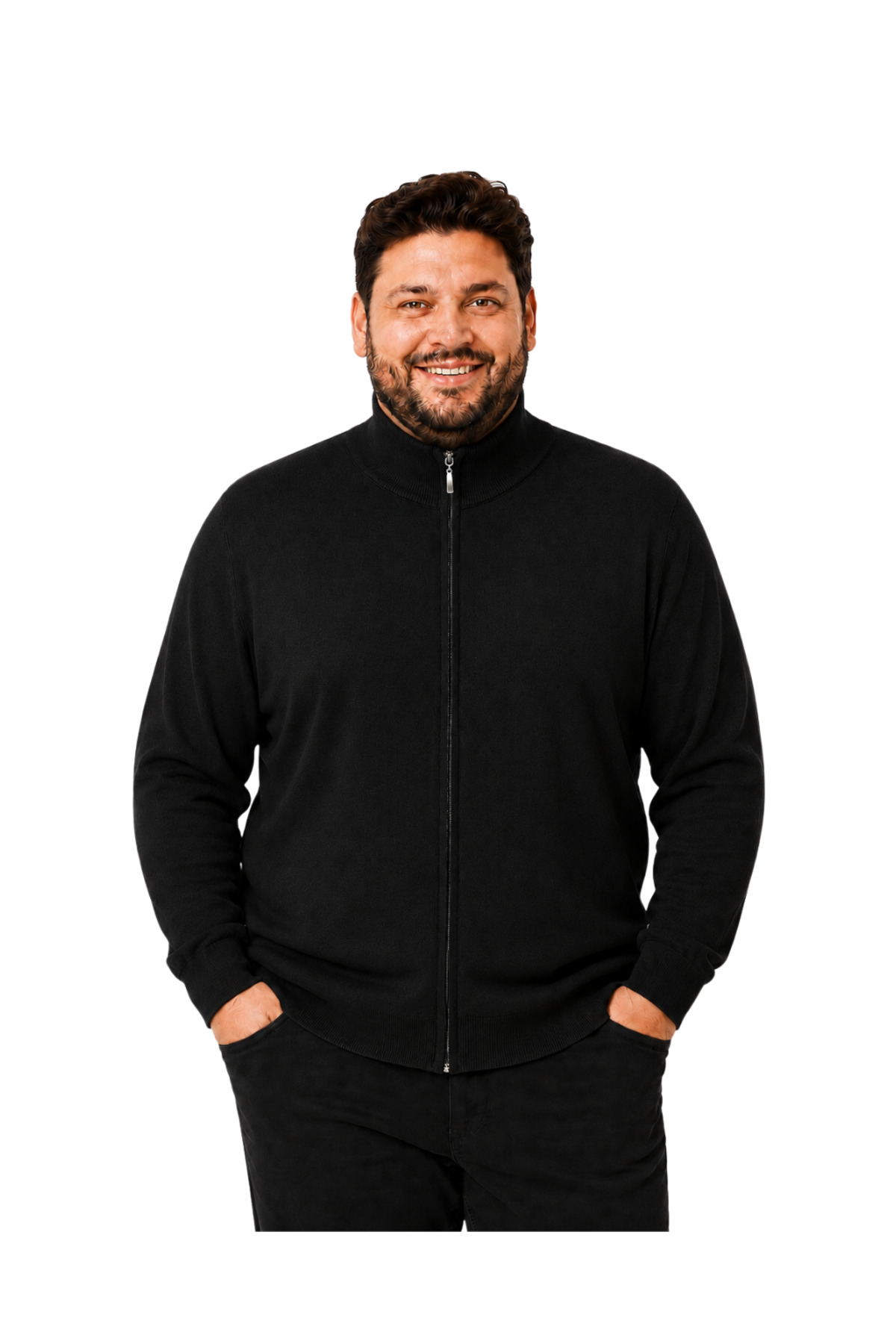 BattalModa Erkek Büyük Beden Siyah Fermuarlı Dik Yaka Pamuklu Hırka 3XL-4XL-5XL-6XL