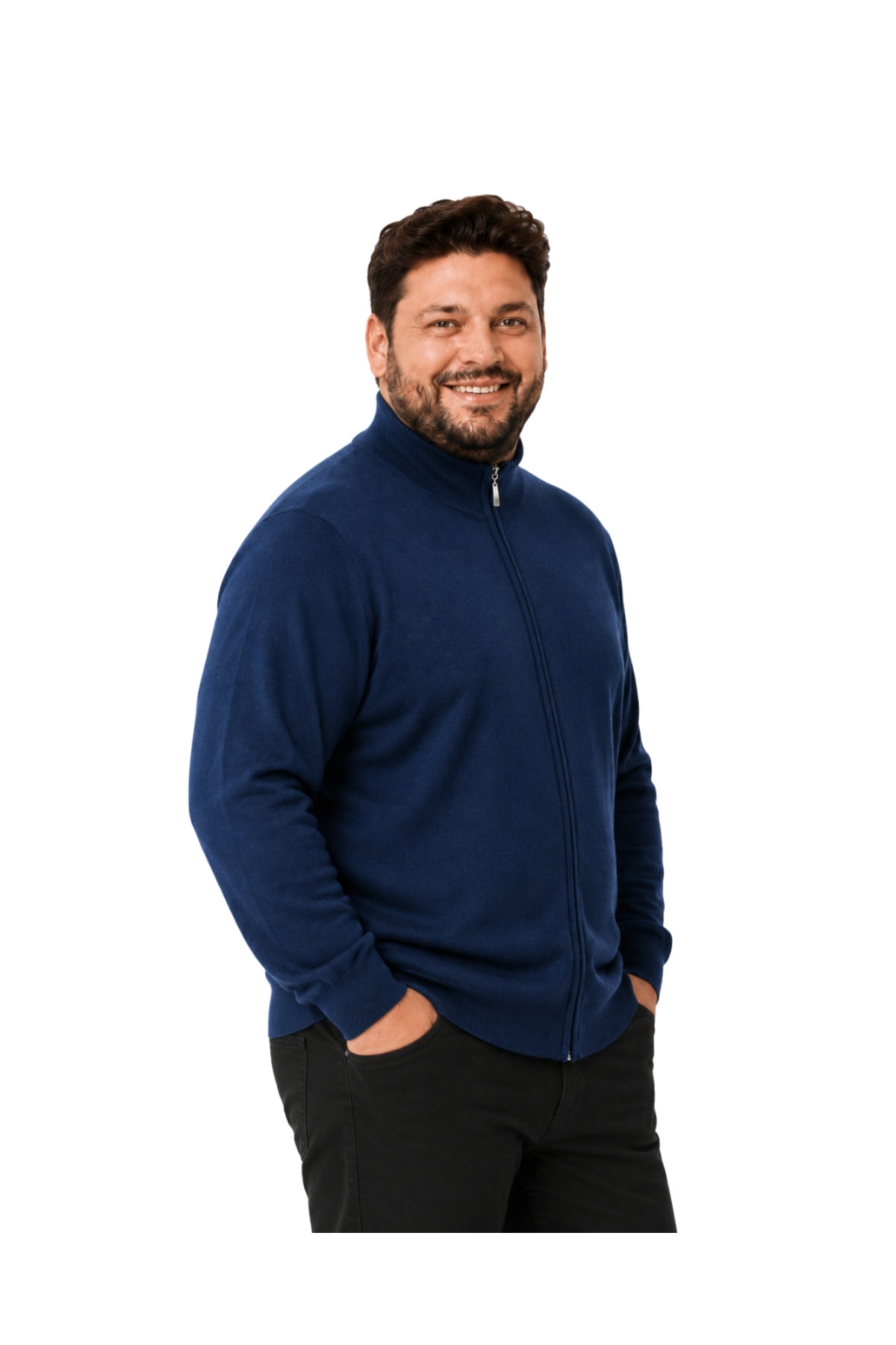 BattalModa Erkek Büyük Beden İndigo Fermuarlı Dik Yaka Pamuklu Hırka 3XL-4XL-5XL-6XL görsel 2