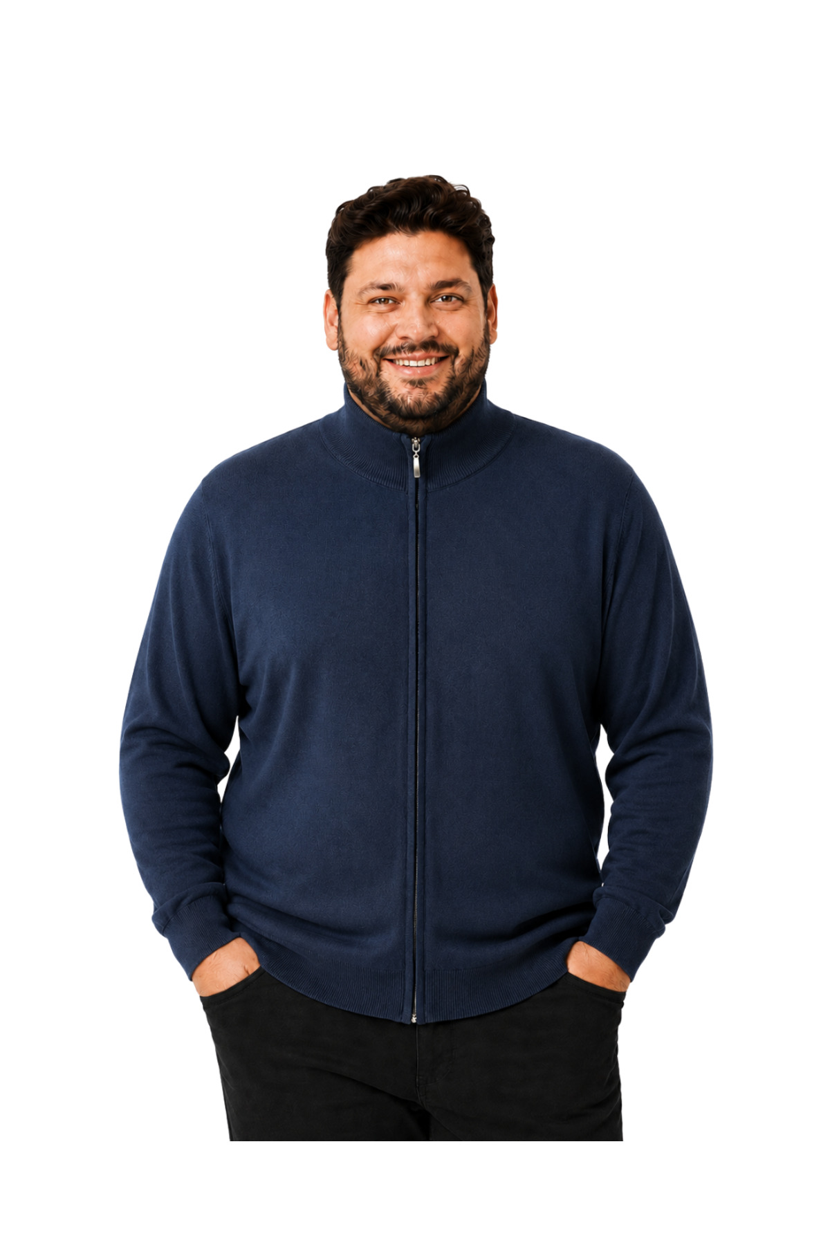 BattalModa Erkek Büyük Beden Koyu İndigo Fermuarlı Dik Yaka Pamuklu Hırka 3XL-4XL-5XL-6XL